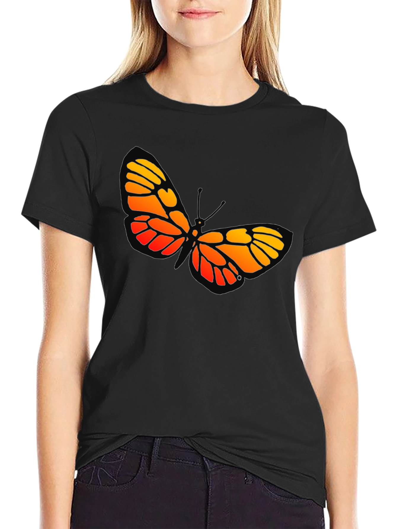Black Butterfly Graphic Tee - Bold Orange and Yellow Design view 2
