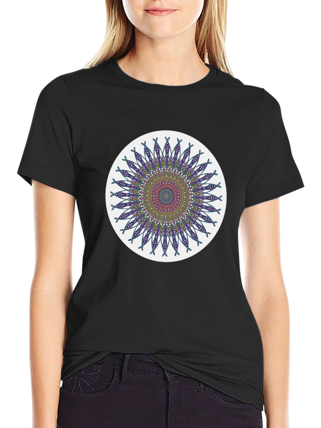 Black Mandala Design Black T-Shirt view 2