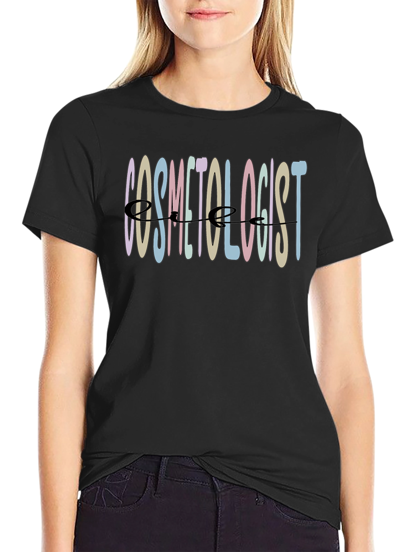 Black Cosmetologist T-Shirt - Pastel Text Stylist Tee view 2