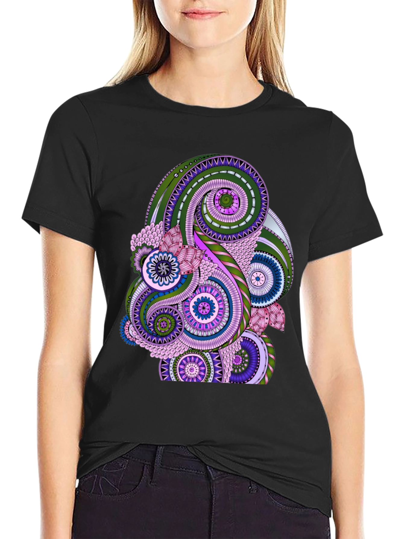 Black Paisley Pattern Black T-Shirt - Stylish Casual Wear view 2