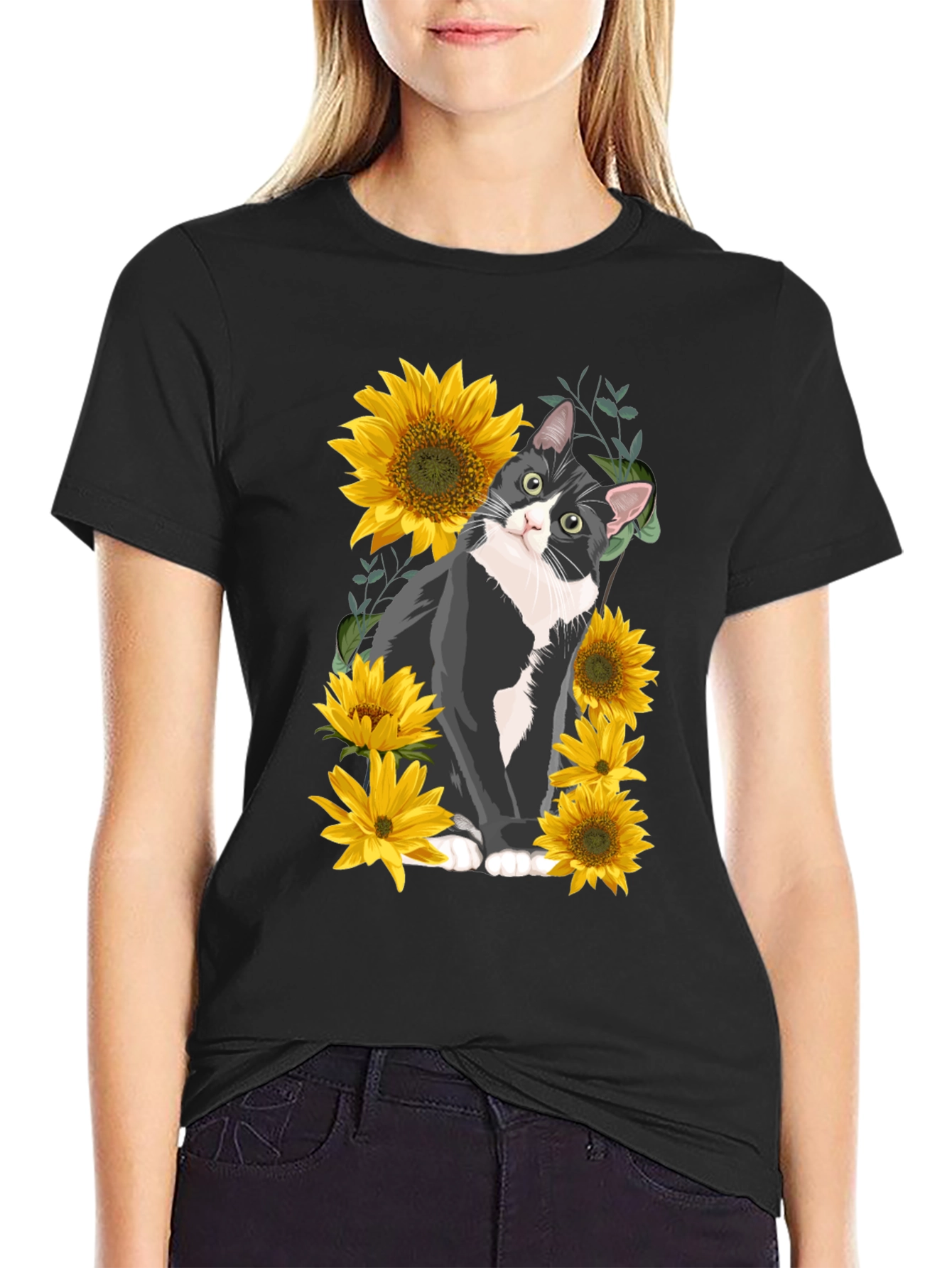 Black Cat and Sunflower Graphic Tee view 2