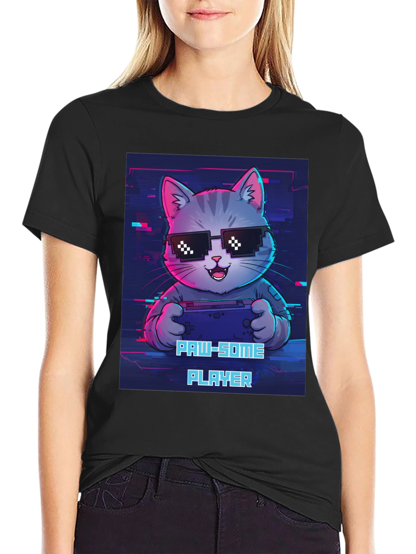 Black Gaming Cat Graphic Tee - Paw-some Player T-shirt view 2