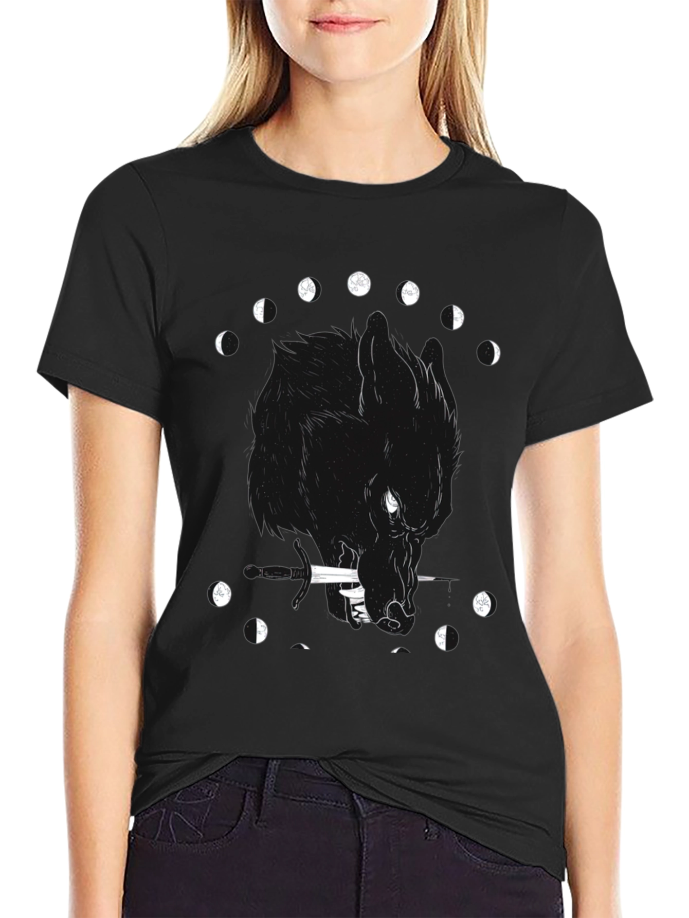 Black Wolf Moon Phases Graphic T-Shirt - Black Cotton Tee view 2