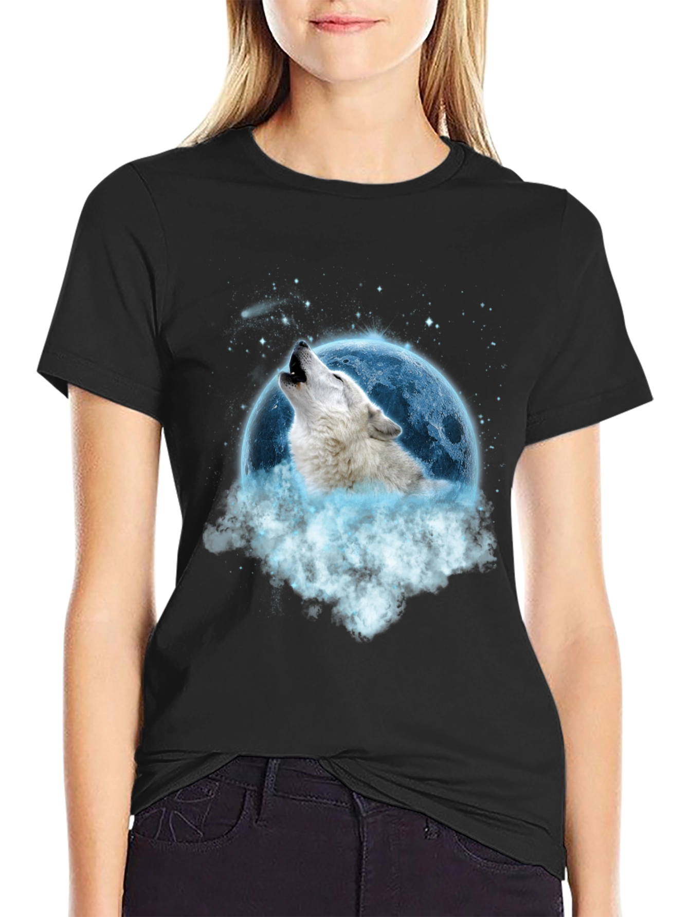 Black Wolf Howling at Moon Graphic Tee view 2