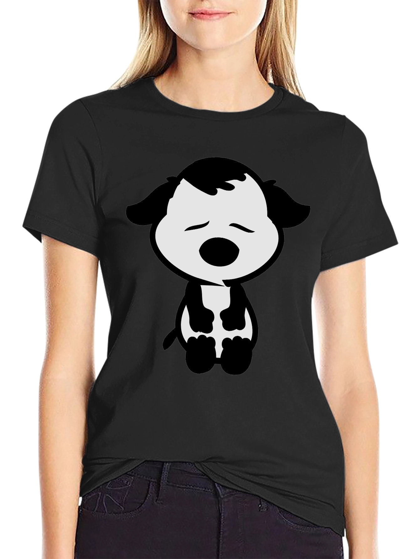 Black Cute Cartoon Dog Graphic Tee - Black T-Shirt view 2