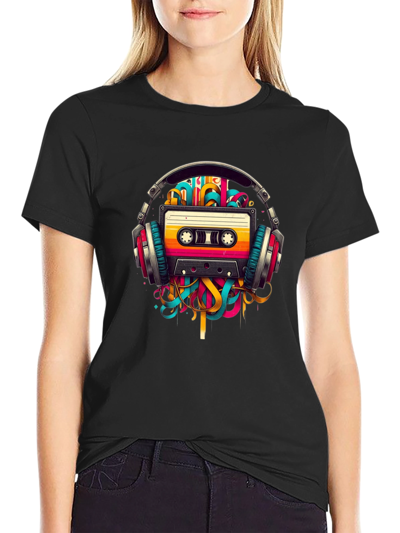 Black Retro Cassette Tape Headphones Graphic T-Shirt view 2