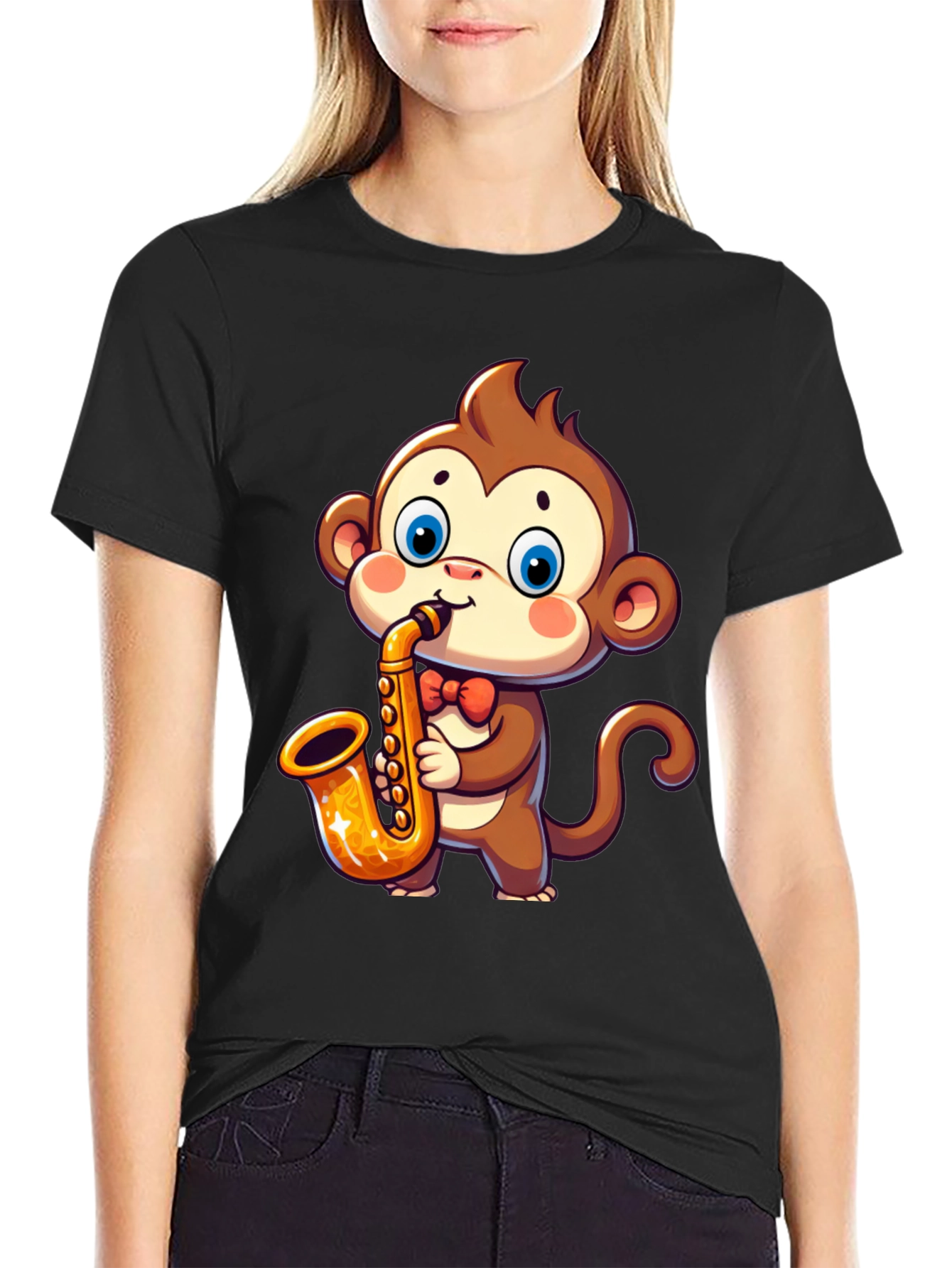 Black Monkey Saxophone T-Shirt - Cute Cartoon Design view 2