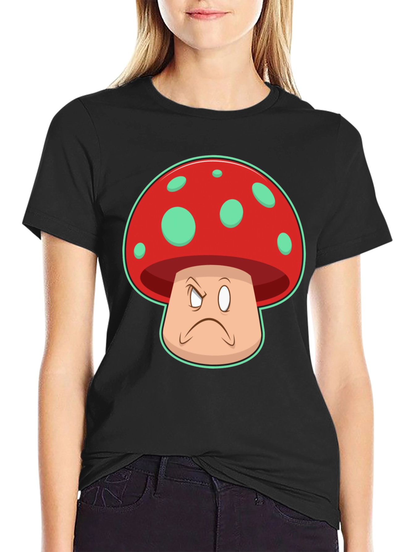 Black Grumpy Mushroom Graphic T-Shirt - Unisex Cotton Tee view 2