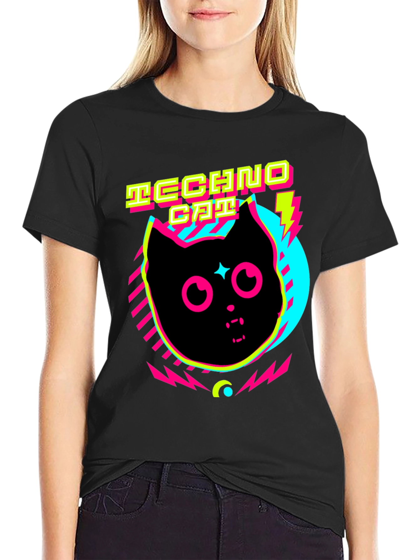 Black Techno Cat T-Shirt Neon Graphic Tee view 2