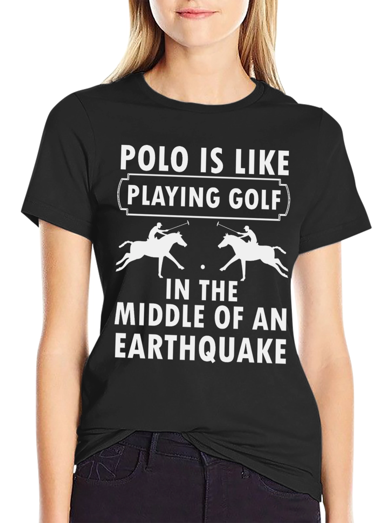 Black Polo Earthquake Graphic T-Shirt Funny Horse Lover Tee view 2