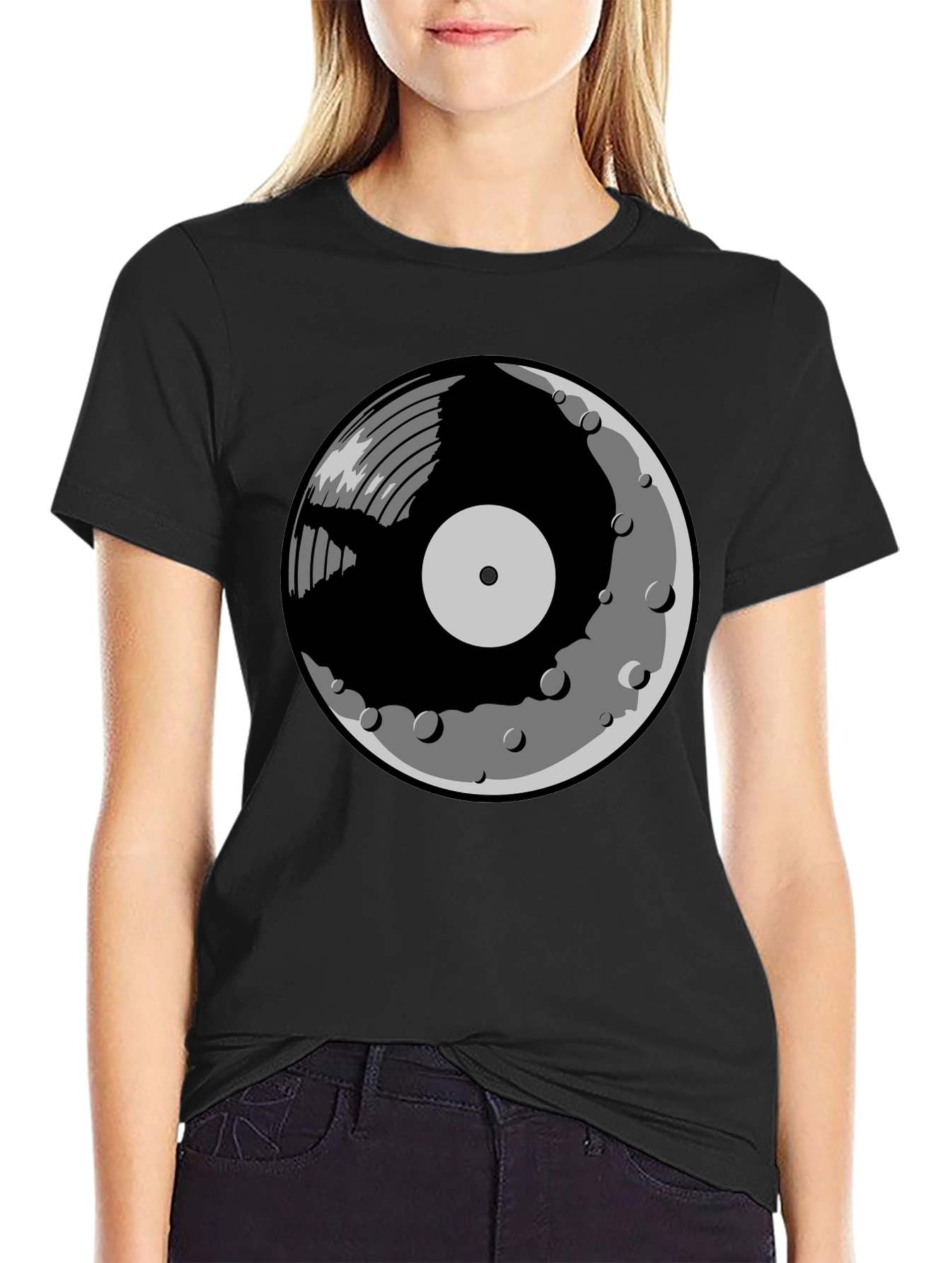 Black Vinyl Moon Graphic Tee - Music Lover Shirt view 2