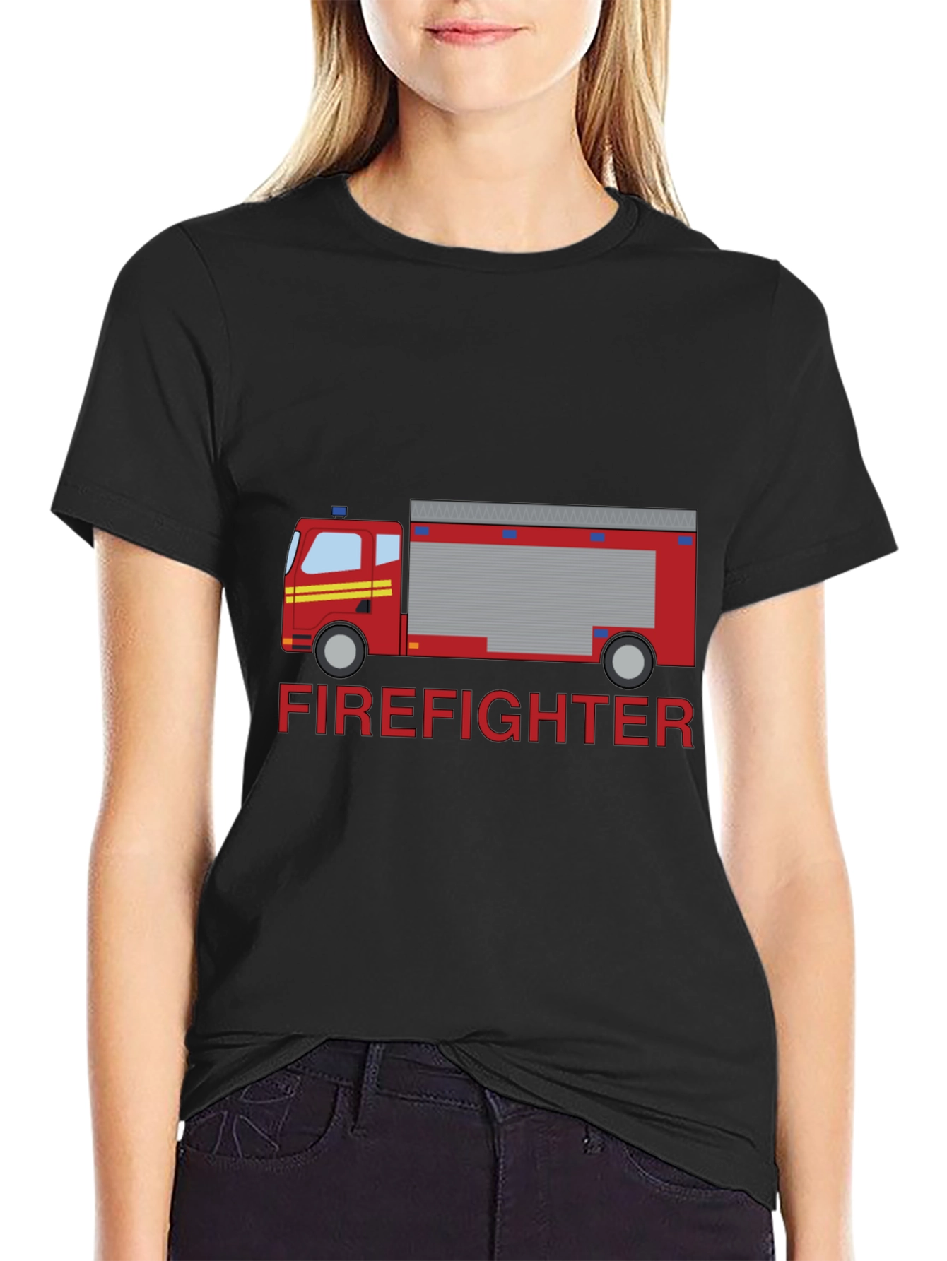 Black Firefighter Truck Graphic Tee - Black Cotton T-Shirt view 2