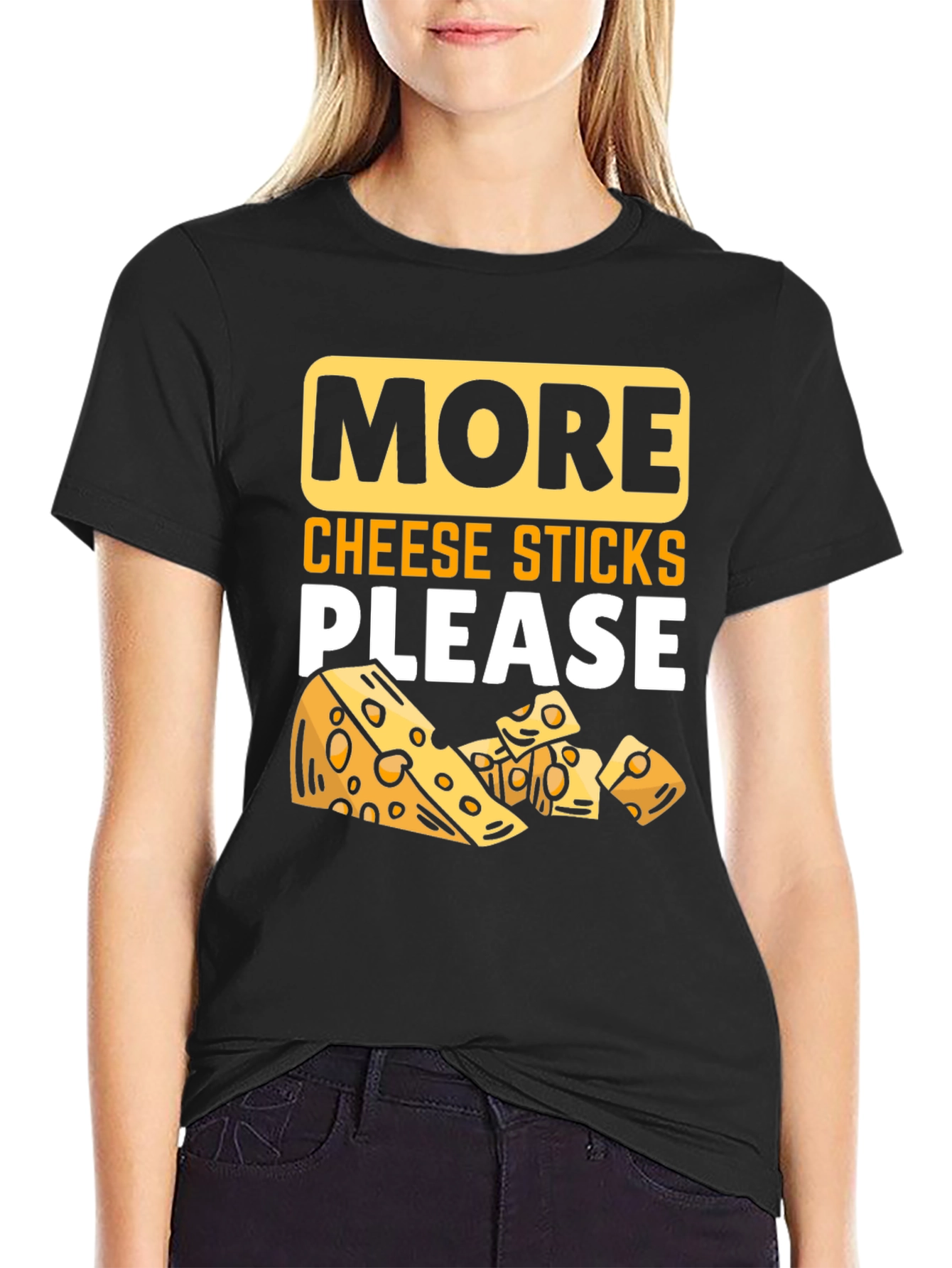 Black More Cheese Sticks Please T-Shirt - Funny Foodie Tee view 2