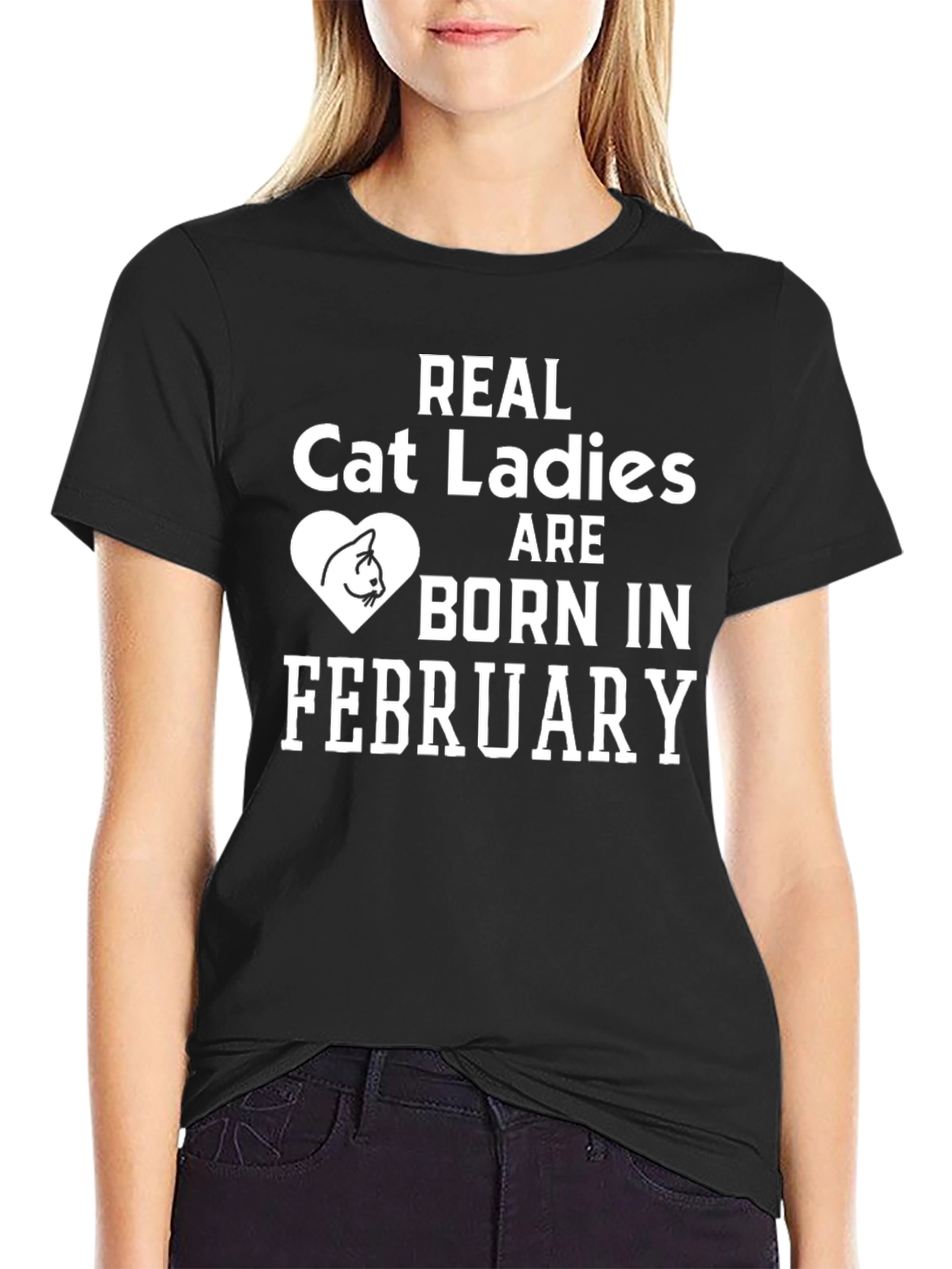 Black Real Cat Ladies Born in February T-Shirt view 2