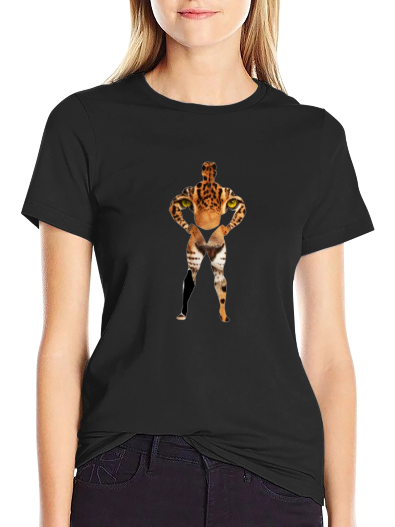 Black Novelty Feline Bodybuilder Graphic T-Shirt view 2
