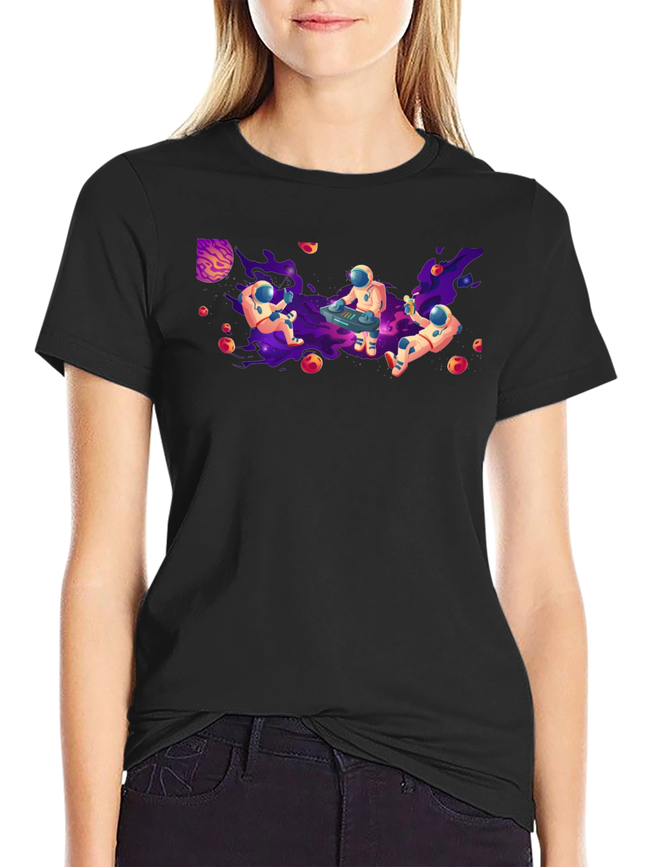 Black Astronaut Galaxy Party T-Shirt - Black Cotton Crew Neck view 2