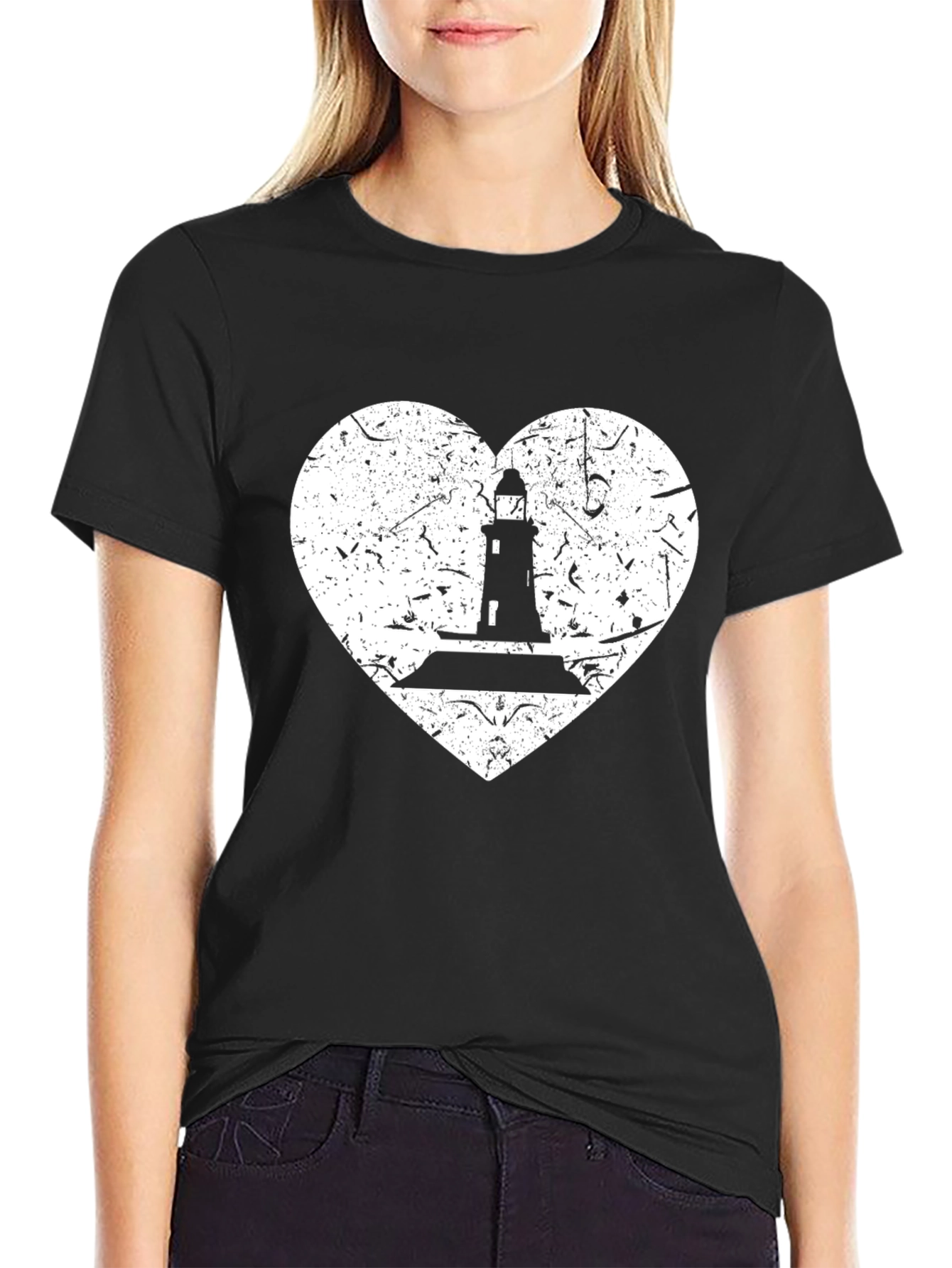 Black Lighthouse Heart Graphic Tee - Black Cotton T-Shirt view 2