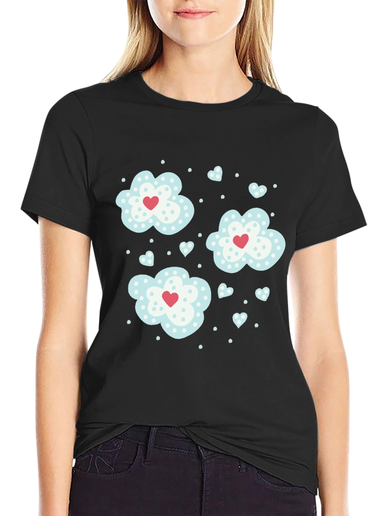 Black Cute Clouds & Hearts Graphic Tee - Black Casual T-Shirt view 2