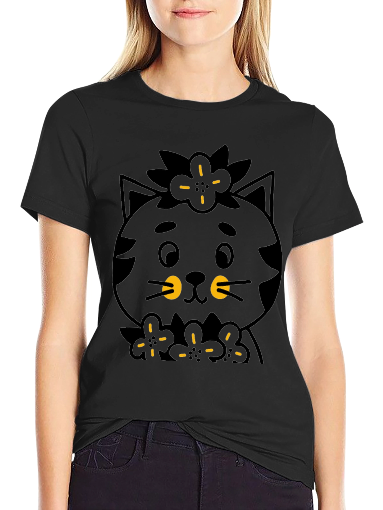 Black Cute Black Cat T-Shirt - Floral Accent view 2