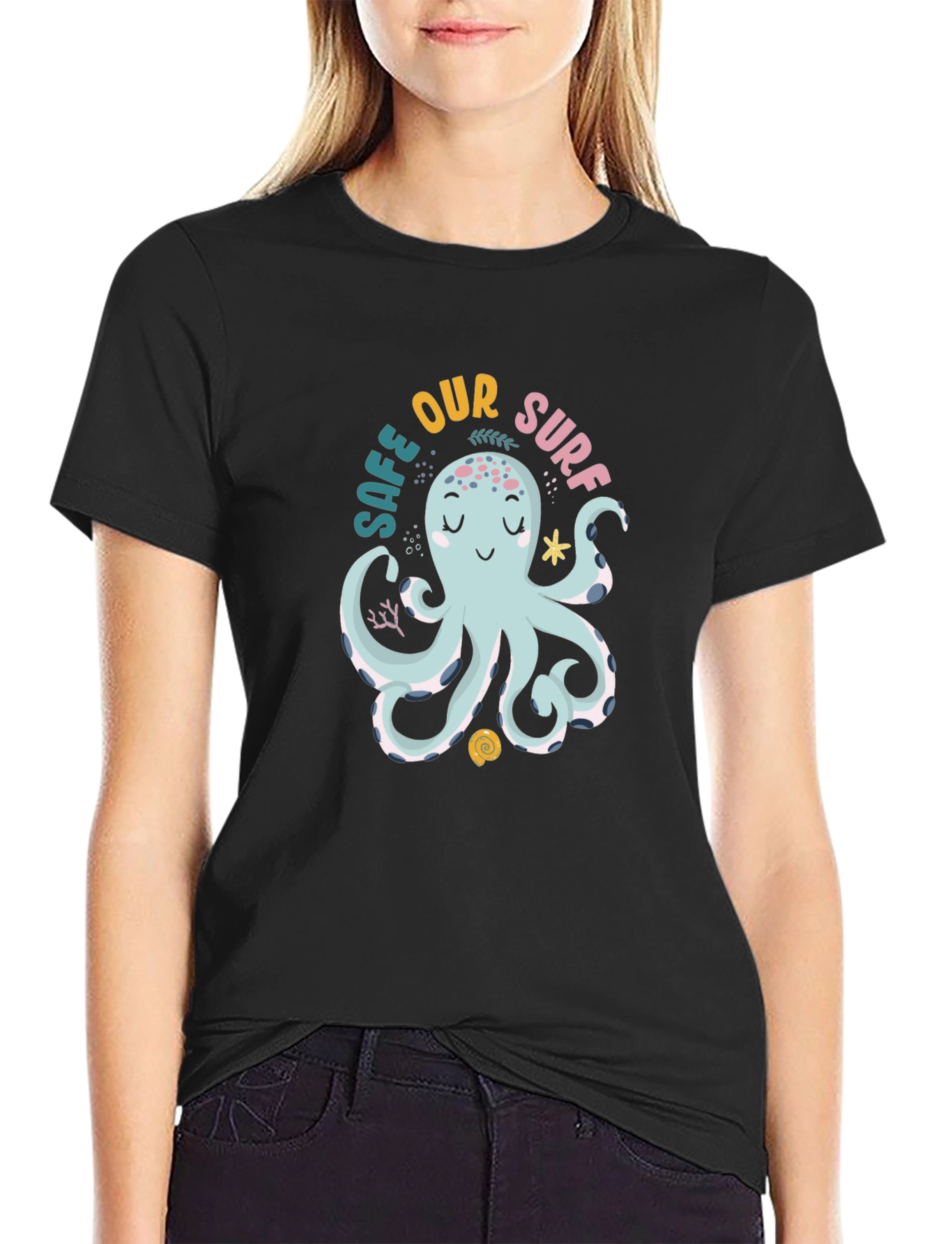Black Cute Octopus Graphic Tee - 'Safe Our Surf' Black Cotton T-Shirt view 2
