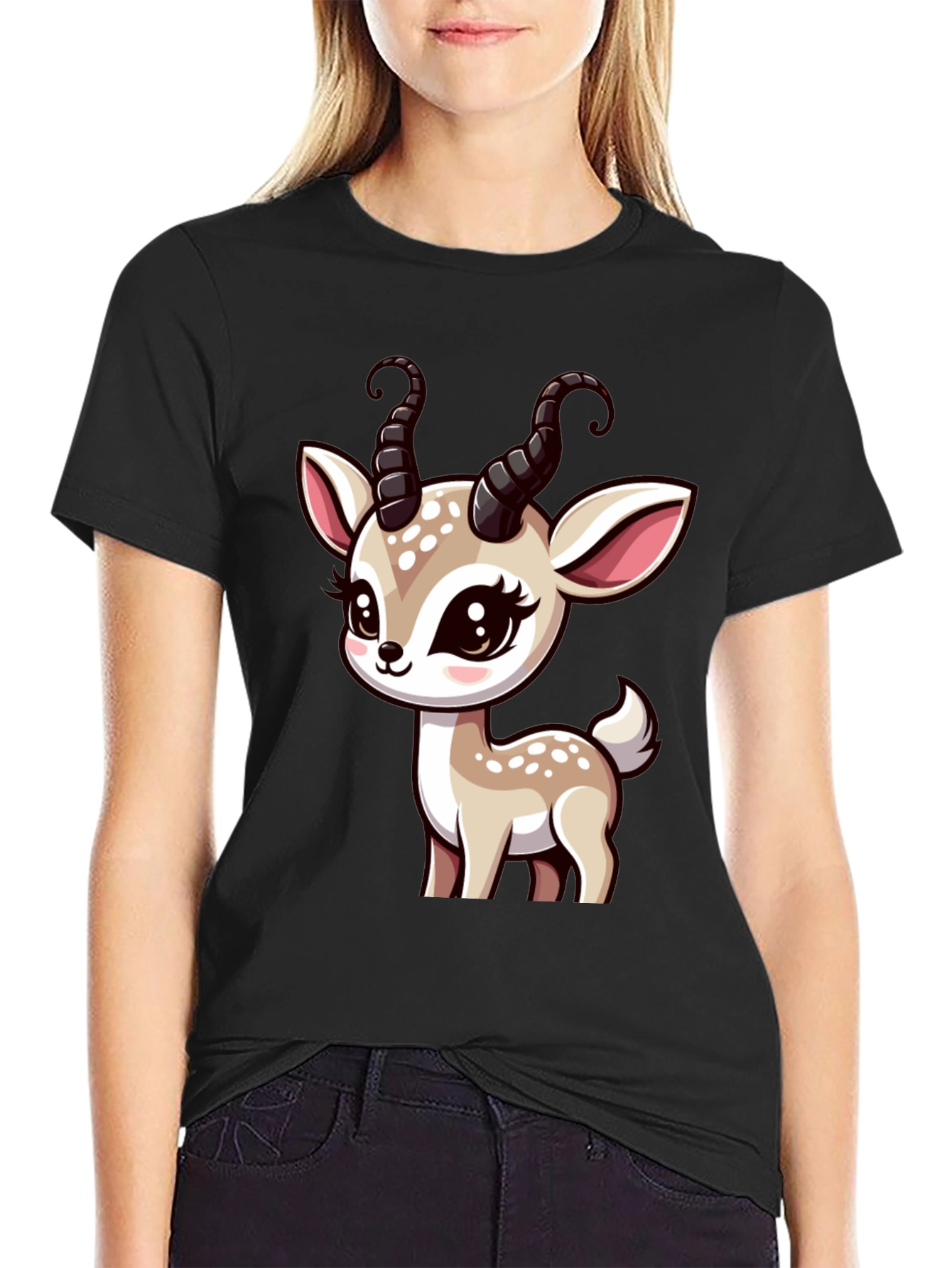 Black Cute Deer Graphic Black T-Shirt view 2