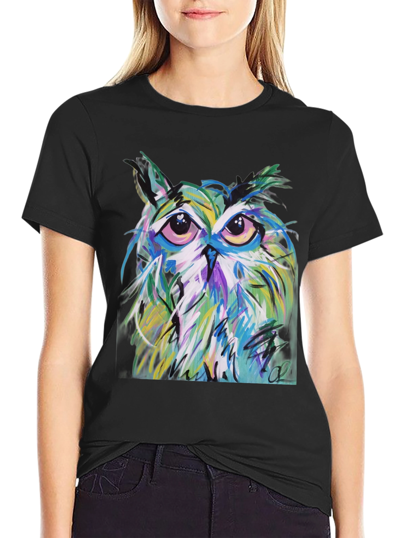 Black Abstract Owl Graphic Tee - Men's Black T-Shirt view 2
