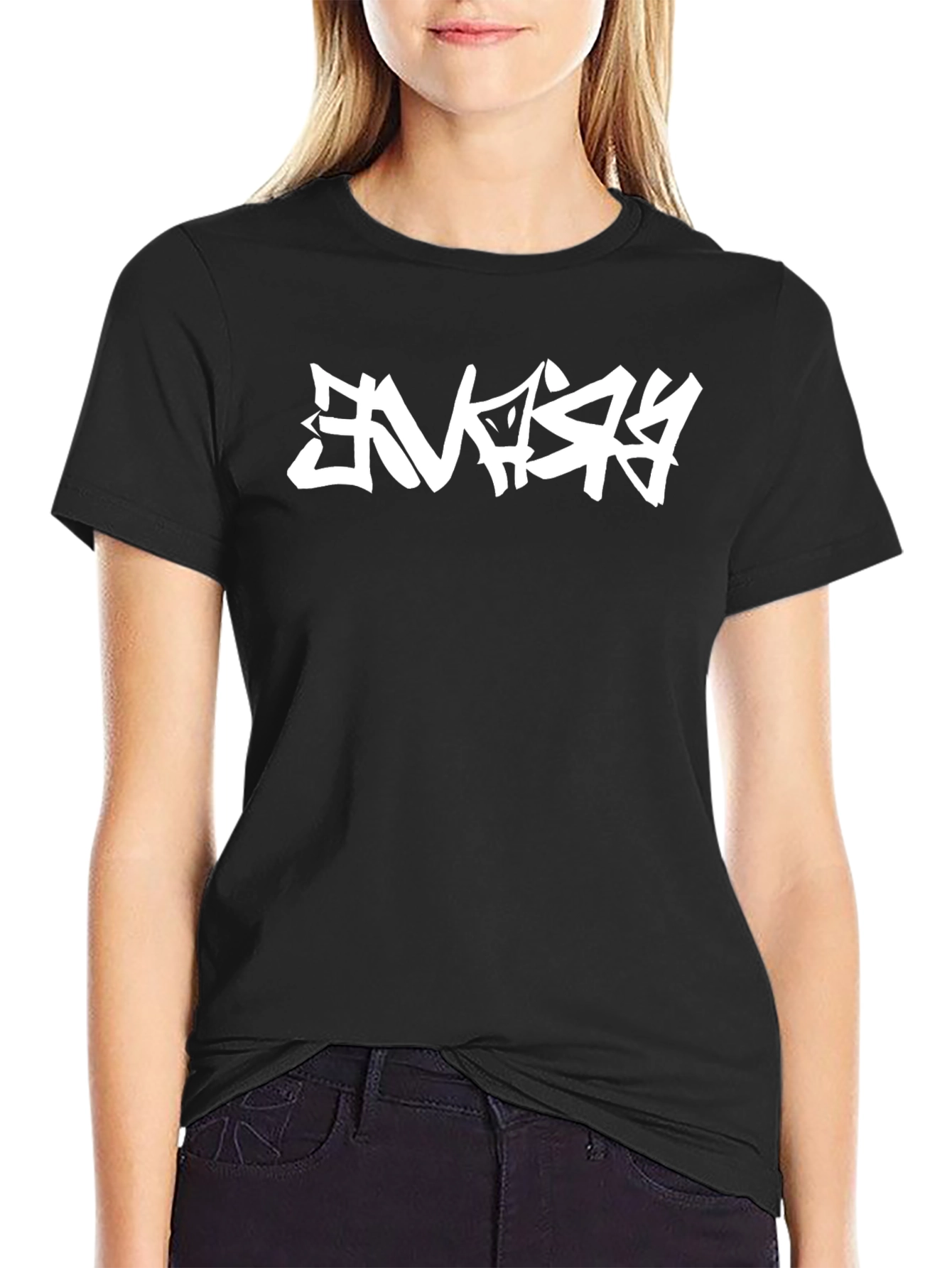 Black Urban Graphic Tee: Bold White Graffiti on Black view 2
