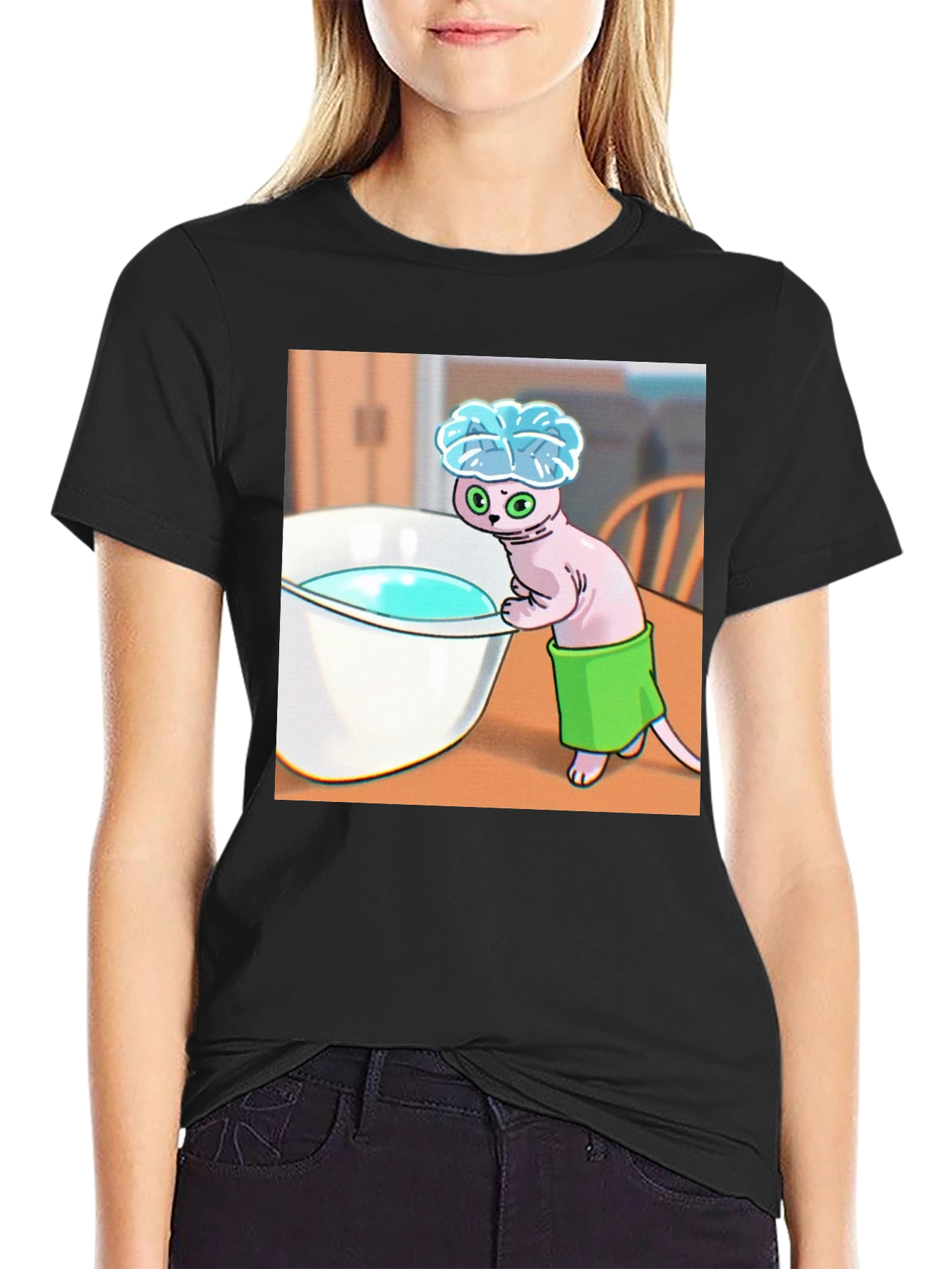 Black Cartoon Cat Bath T-Shirt - Funny Novelty Tee view 2