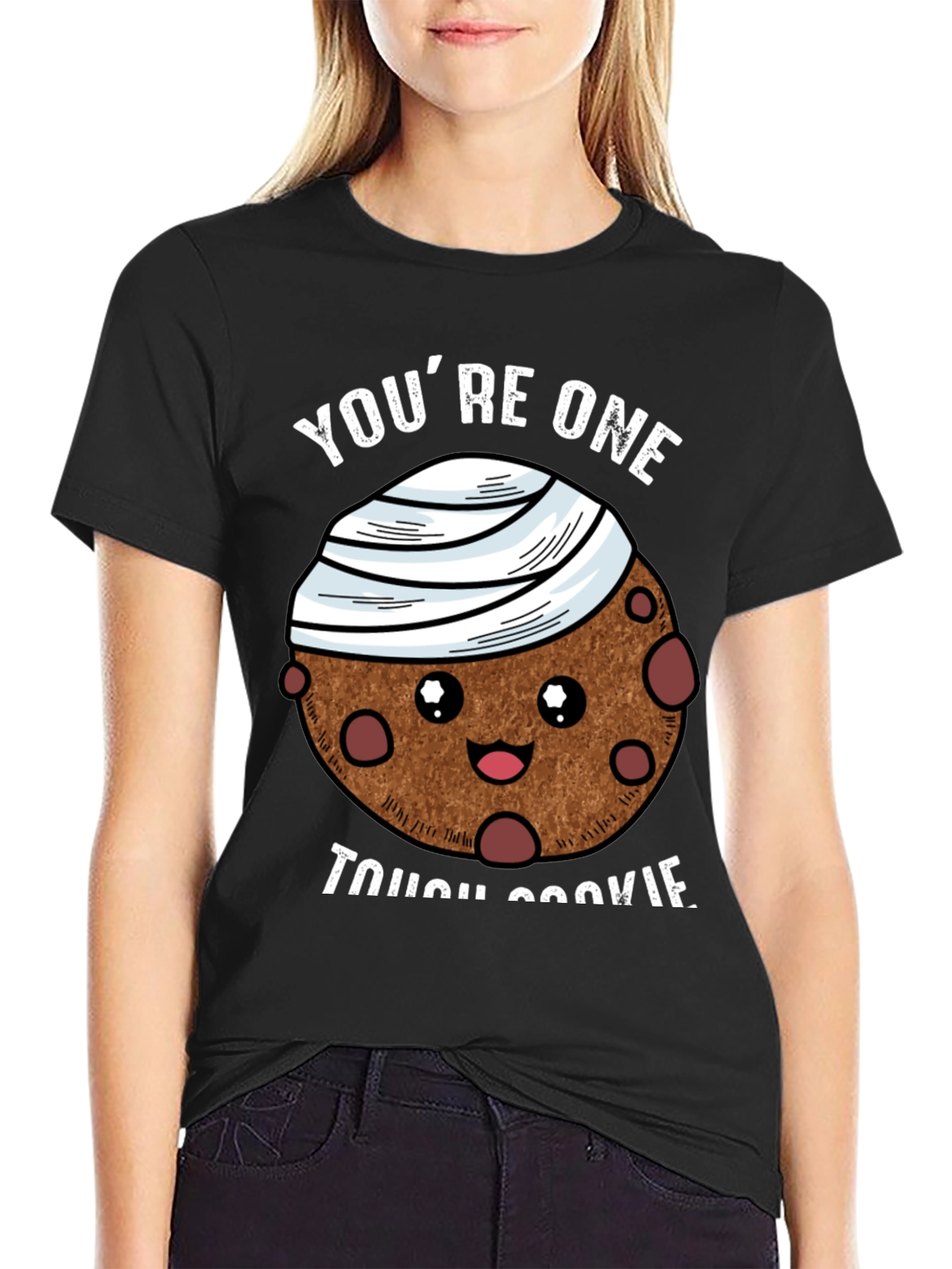 Black Tough Cookie Graphic T-Shirt: Cute Bandaged Cookie Design view 2