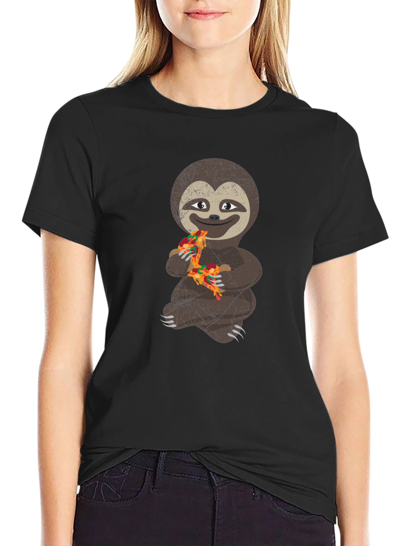 Black Sloth Pizza Lover T-Shirt - Funny Graphic Tee view 2