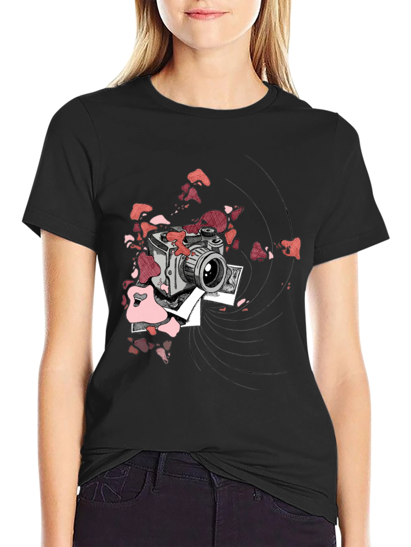Black Retro Camera Graphic Tee - Black Cotton T-Shirt view 2