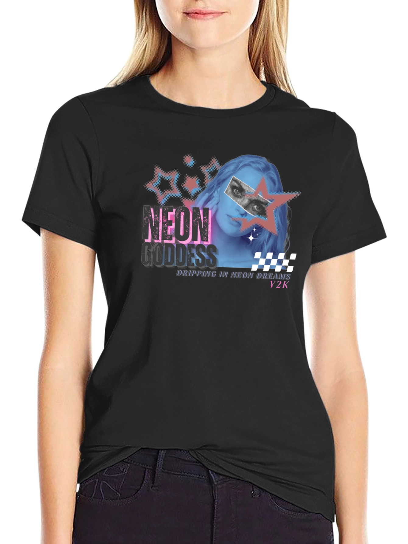 Black Neon Goddess Y2K Black T-Shirt view 2