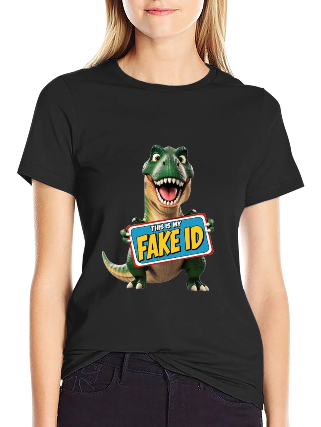 Black Funny Dinosaur Fake ID T-Shirt view 2