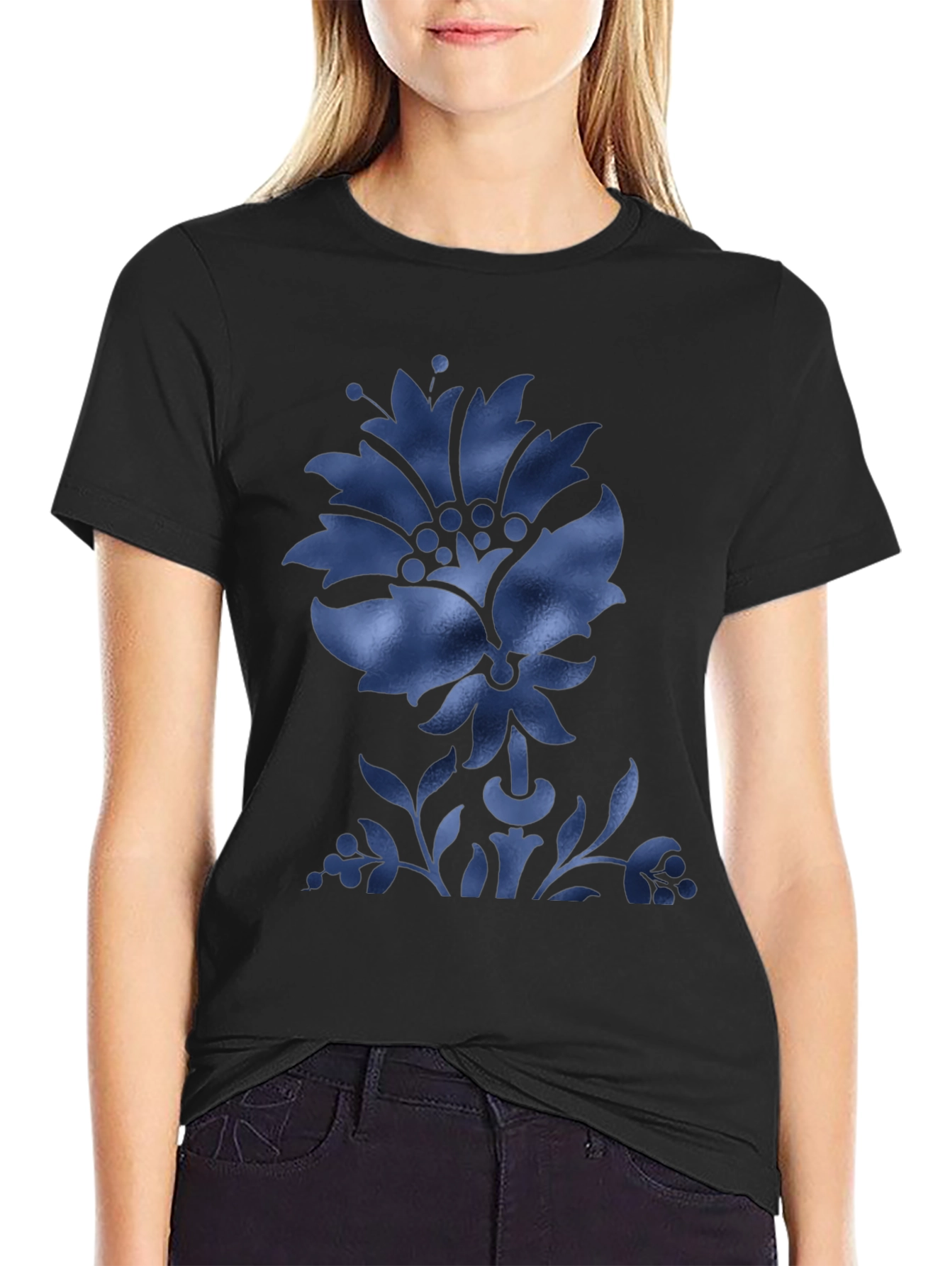 Black Men's Black T-Shirt with Blue Floral Design view 2