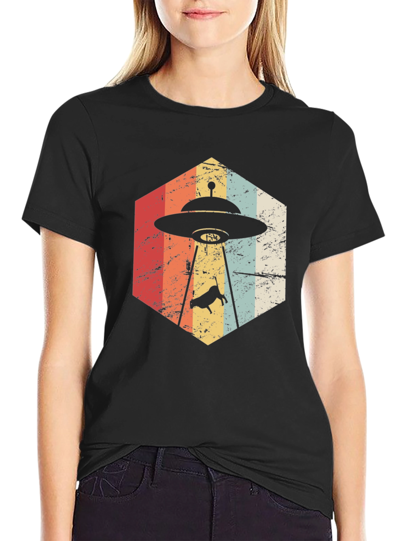 Black Retro Alien Abduction T-Shirt view 2