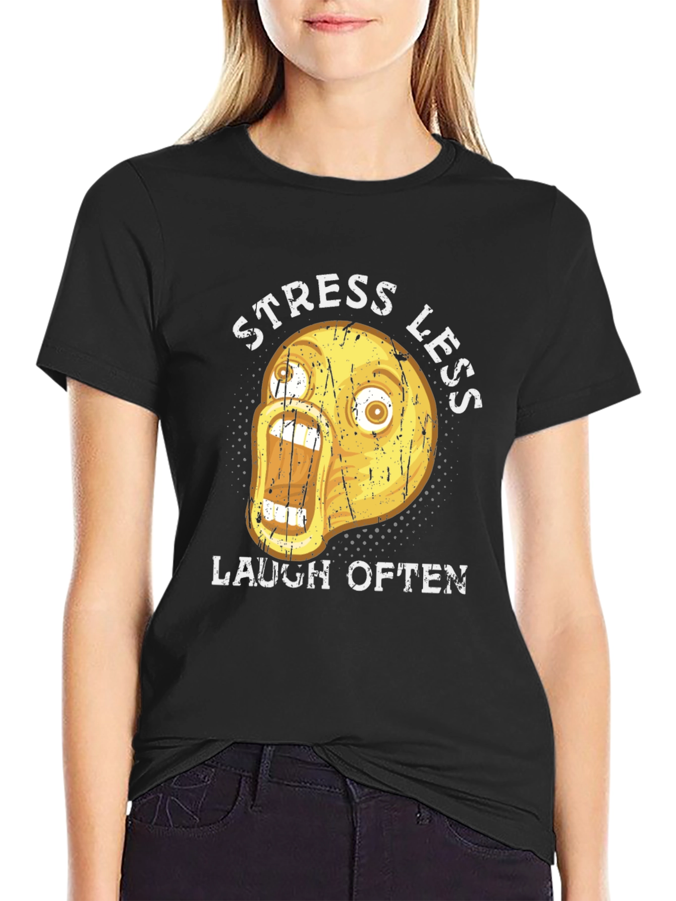 Black Funny Emoji Graphic T-Shirt - Stress Less Laugh Often view 2