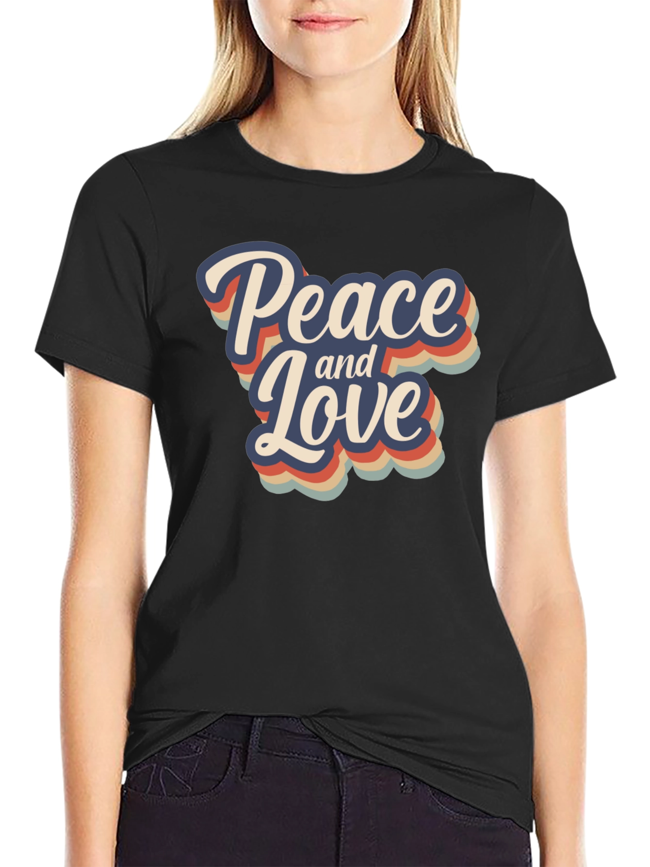 Black Peace and Love Retro Graphic T-Shirt view 2