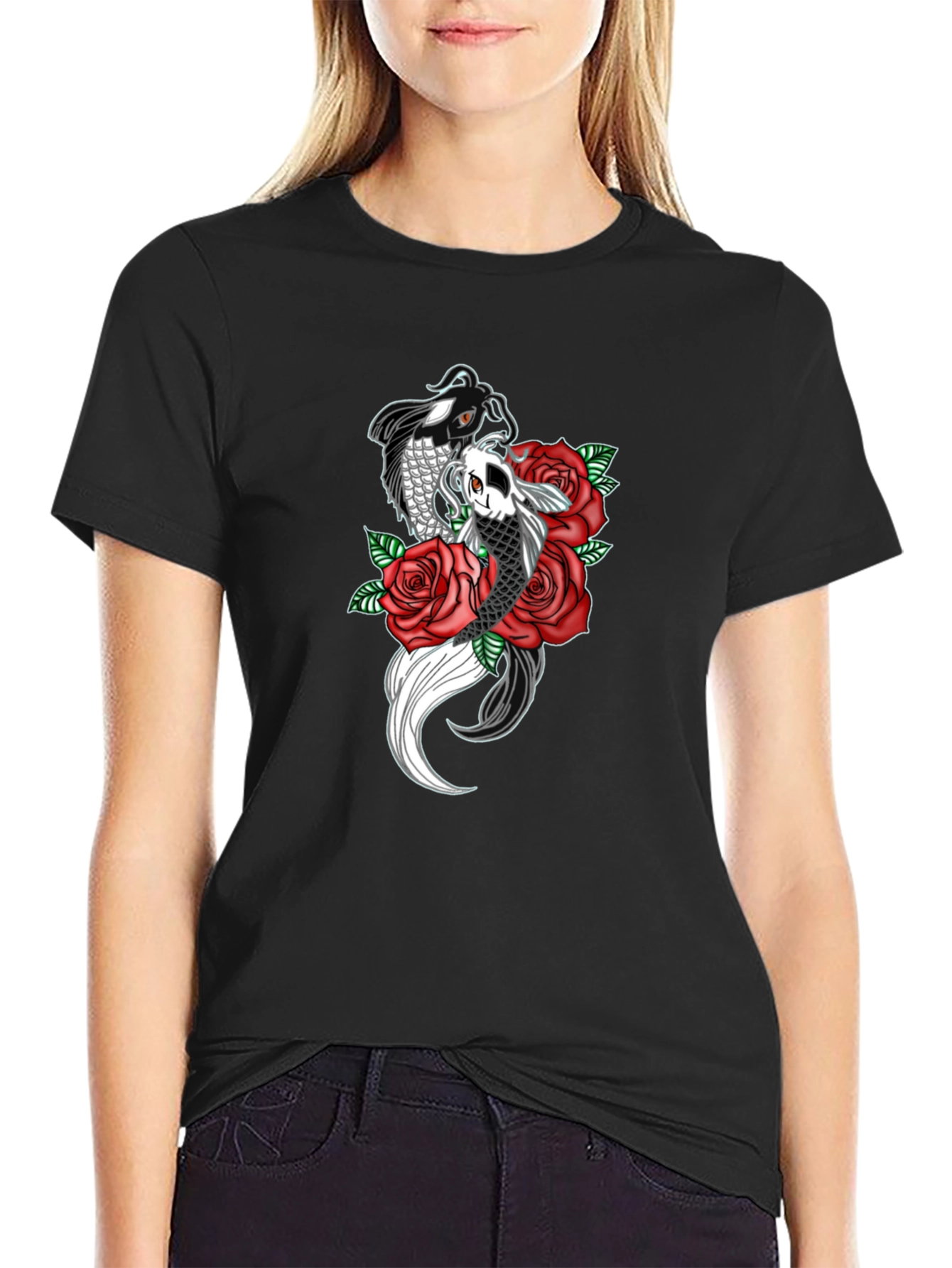 Black Koi Fish & Roses Graphic Print Black T-Shirt view 2