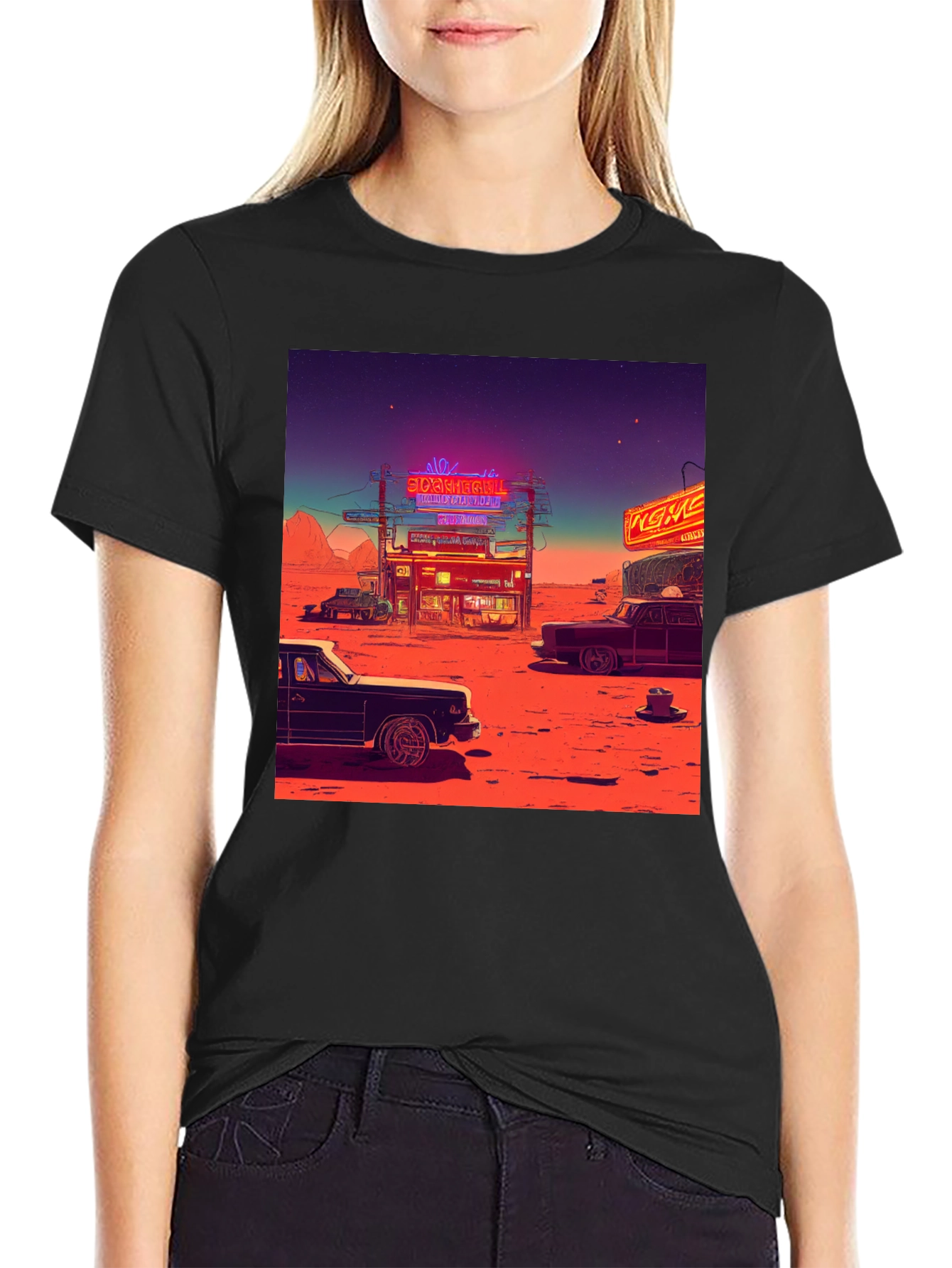 Black Retro Desert Neon T-Shirt view 2