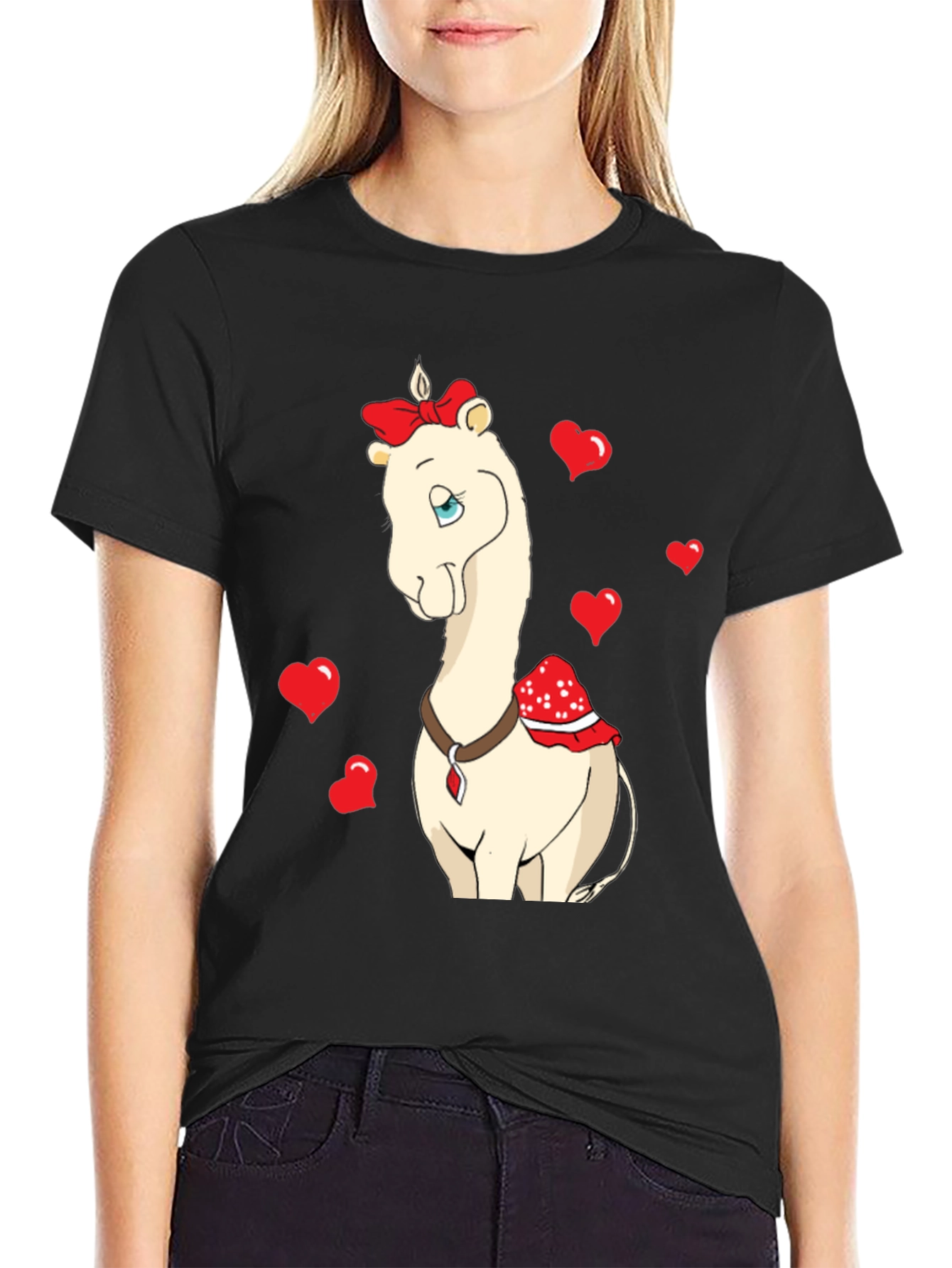 Black Cute Camel With Bow & Hearts Valentine's T-Shirt view 2