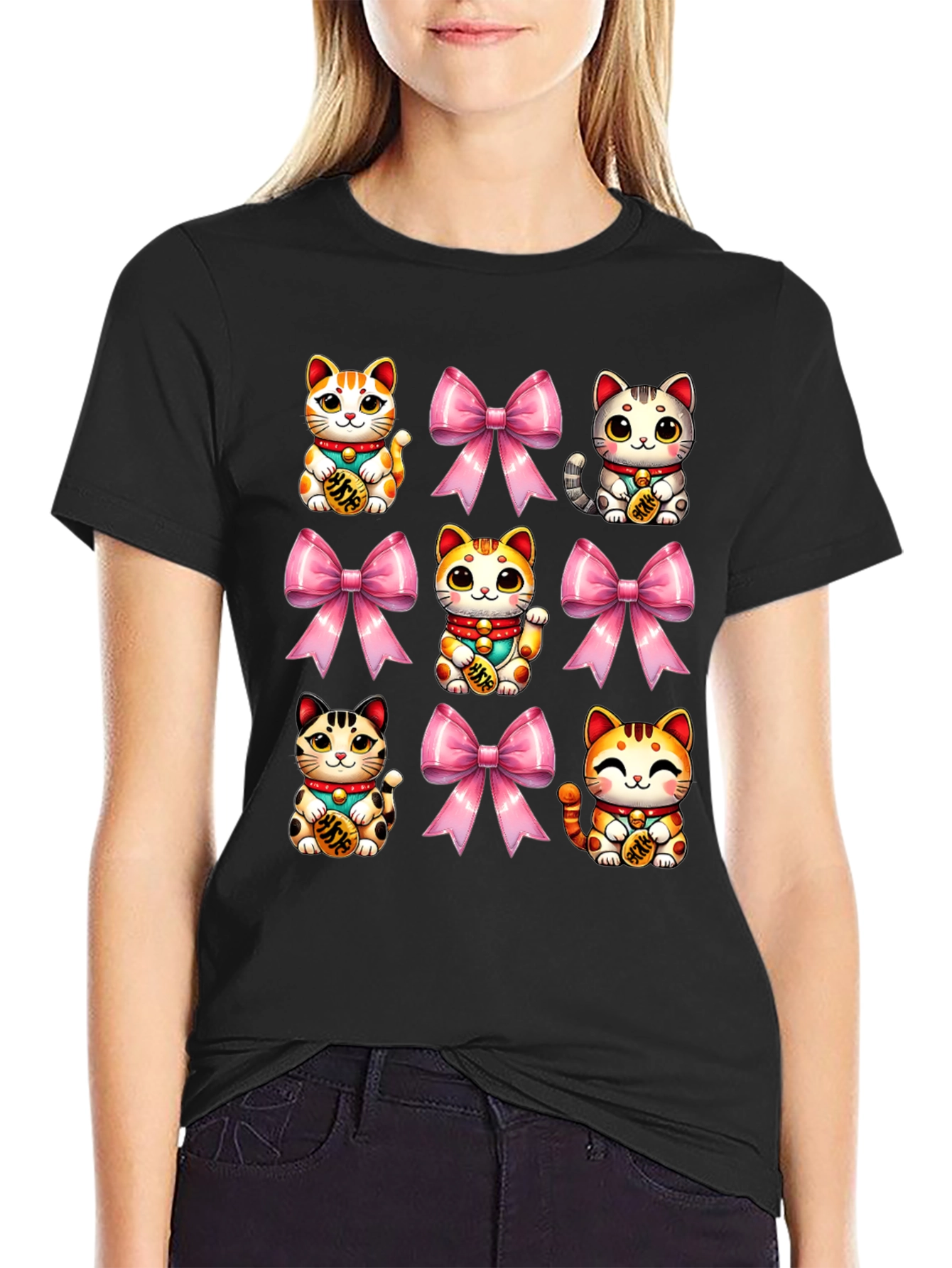 Black Lucky Cat & Bow T-Shirt - Kawaii Style view 2