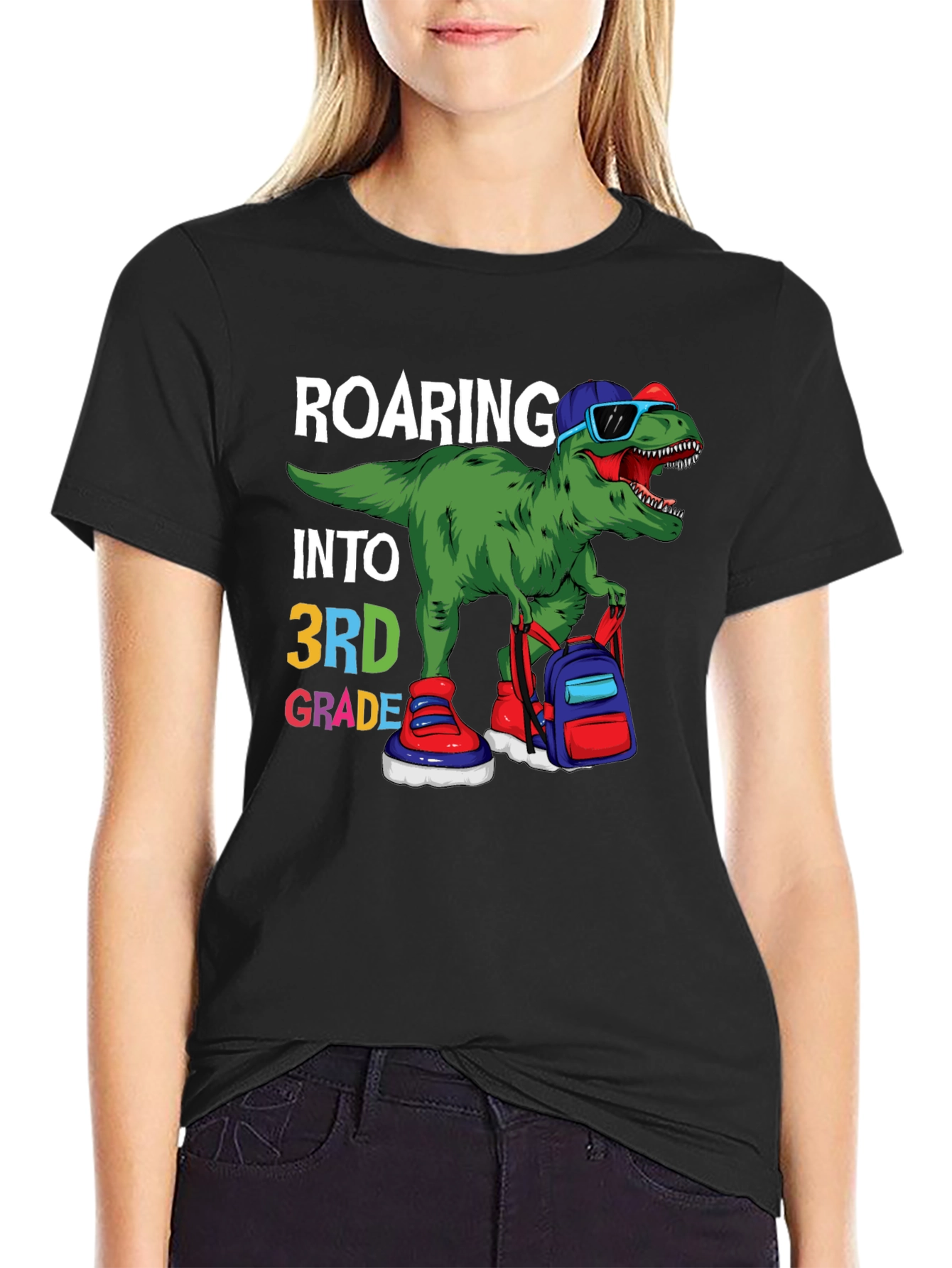 Black Roaring Into 3rd Grade Dinosaur T-Shirt view 2