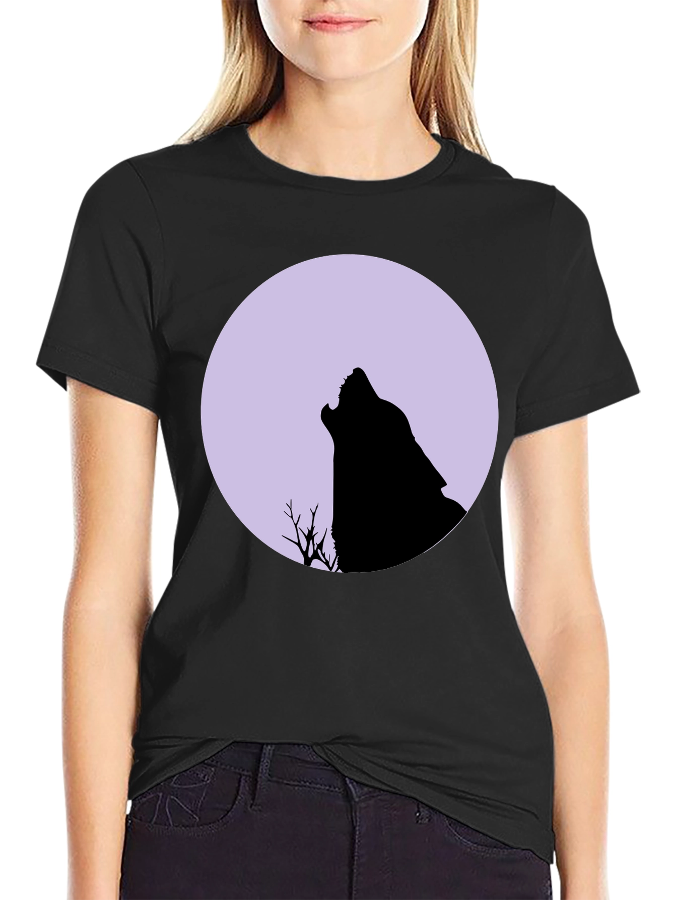 Black Wolf Moon Graphic Tee - Black Cotton T-Shirt view 2