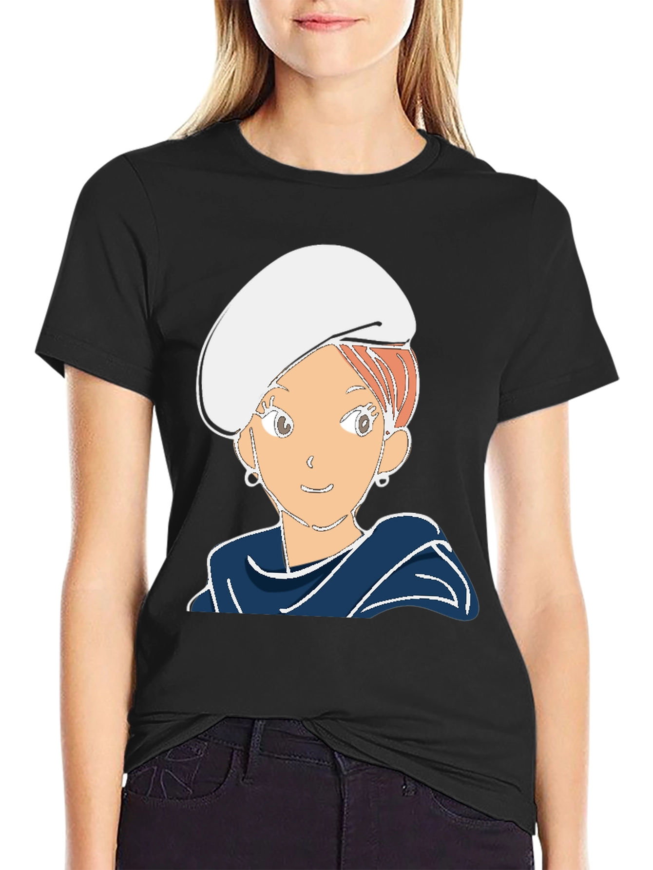 Black Cartoon Girl Graphic Tee - Black Cotton Blend T-Shirt view 2
