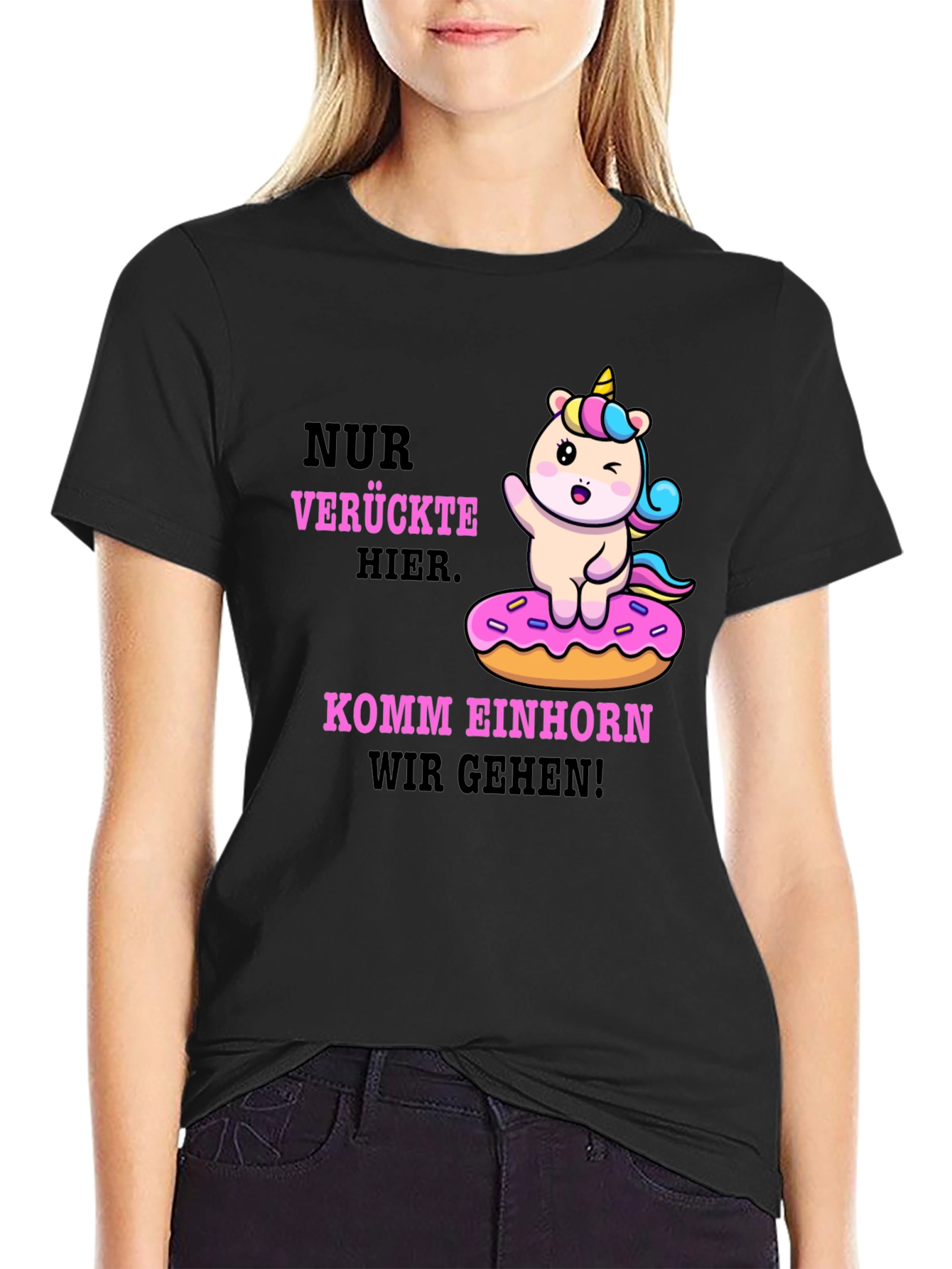 Black Funny Unicorn Donut T-Shirt - Verruckte Hier Komm Einhorn view 2