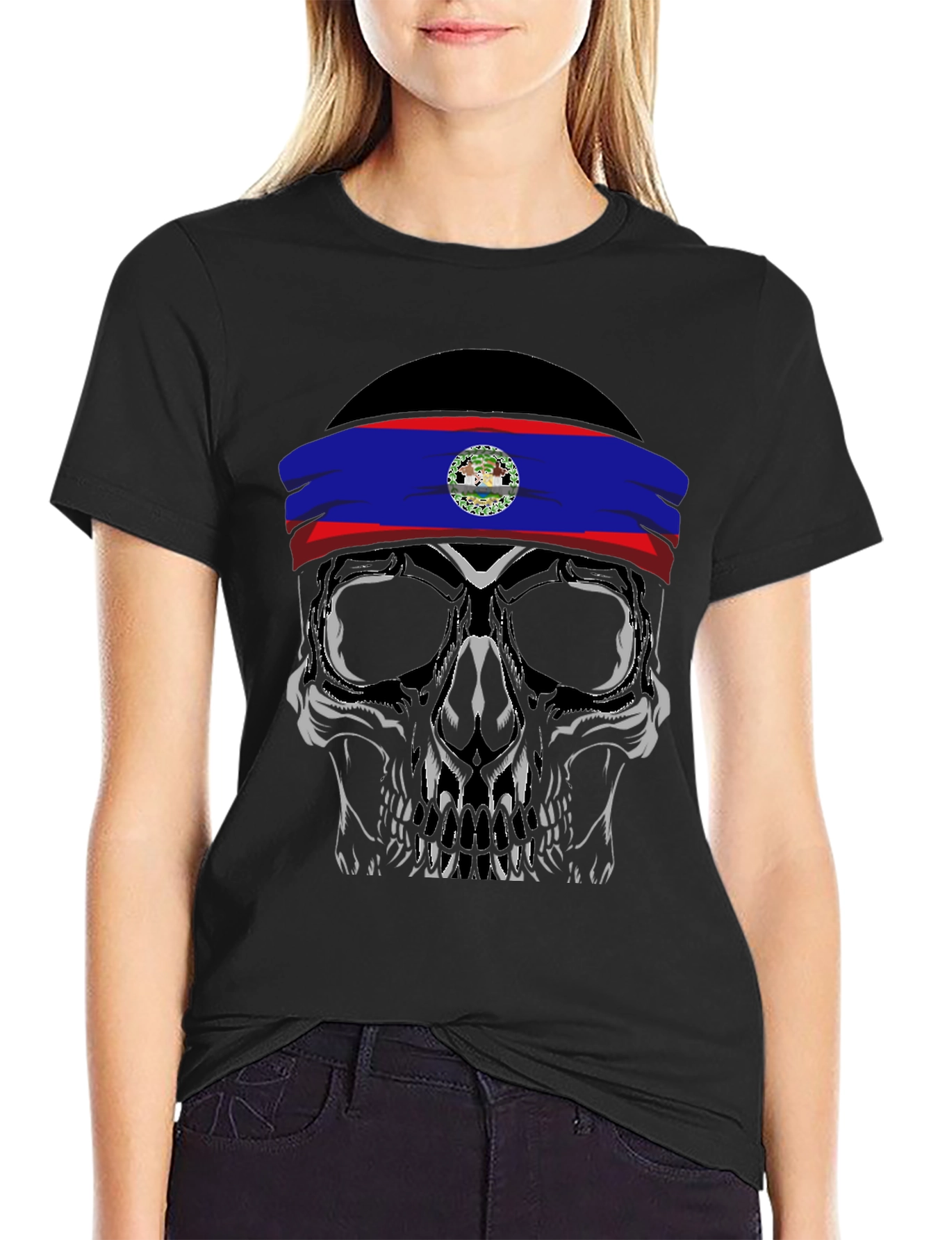 Black Skull with Belize Flag Headband T-Shirt view 2