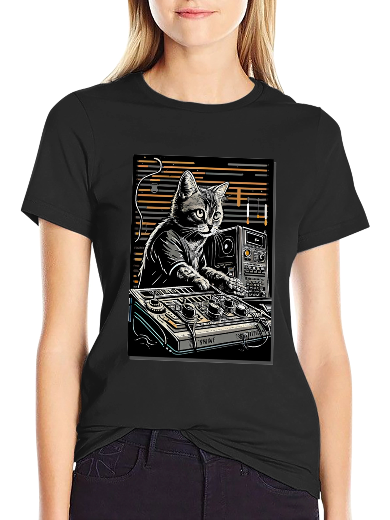 Black DJ Cat Graphic T-Shirt view 2