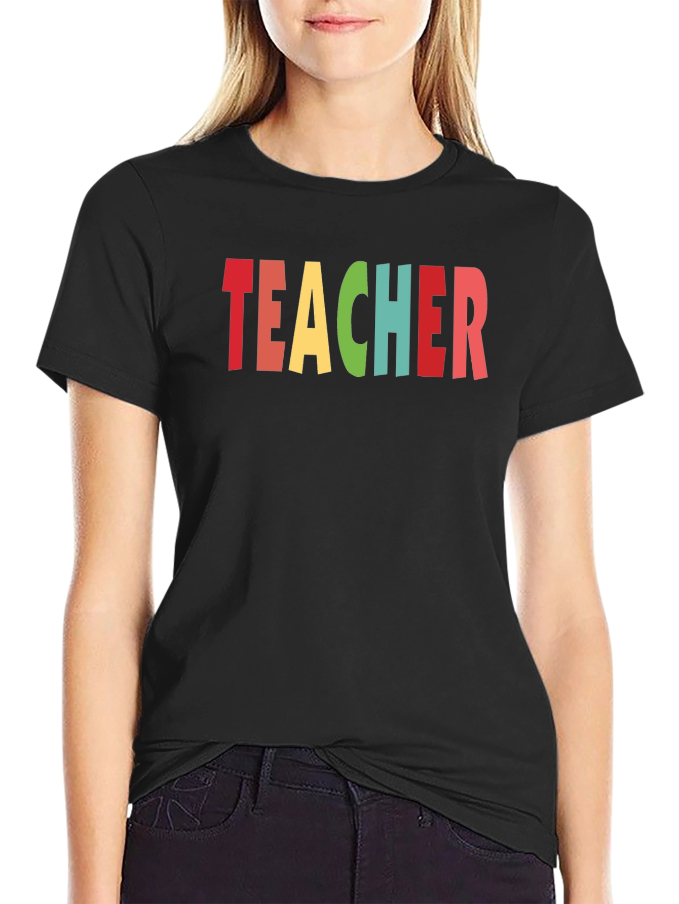 Black Colorful Teacher T-Shirt - Unisex Crew Neck view 2
