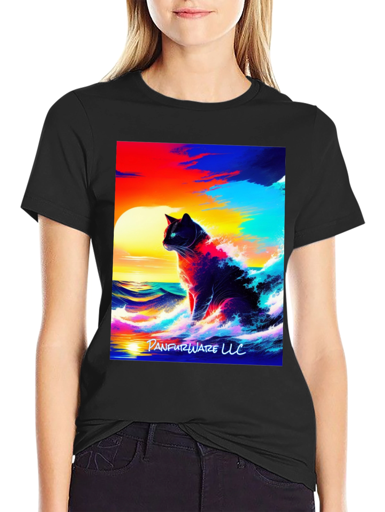 Black Cat Waves T-Shirt - Artistic Sunset Design view 2