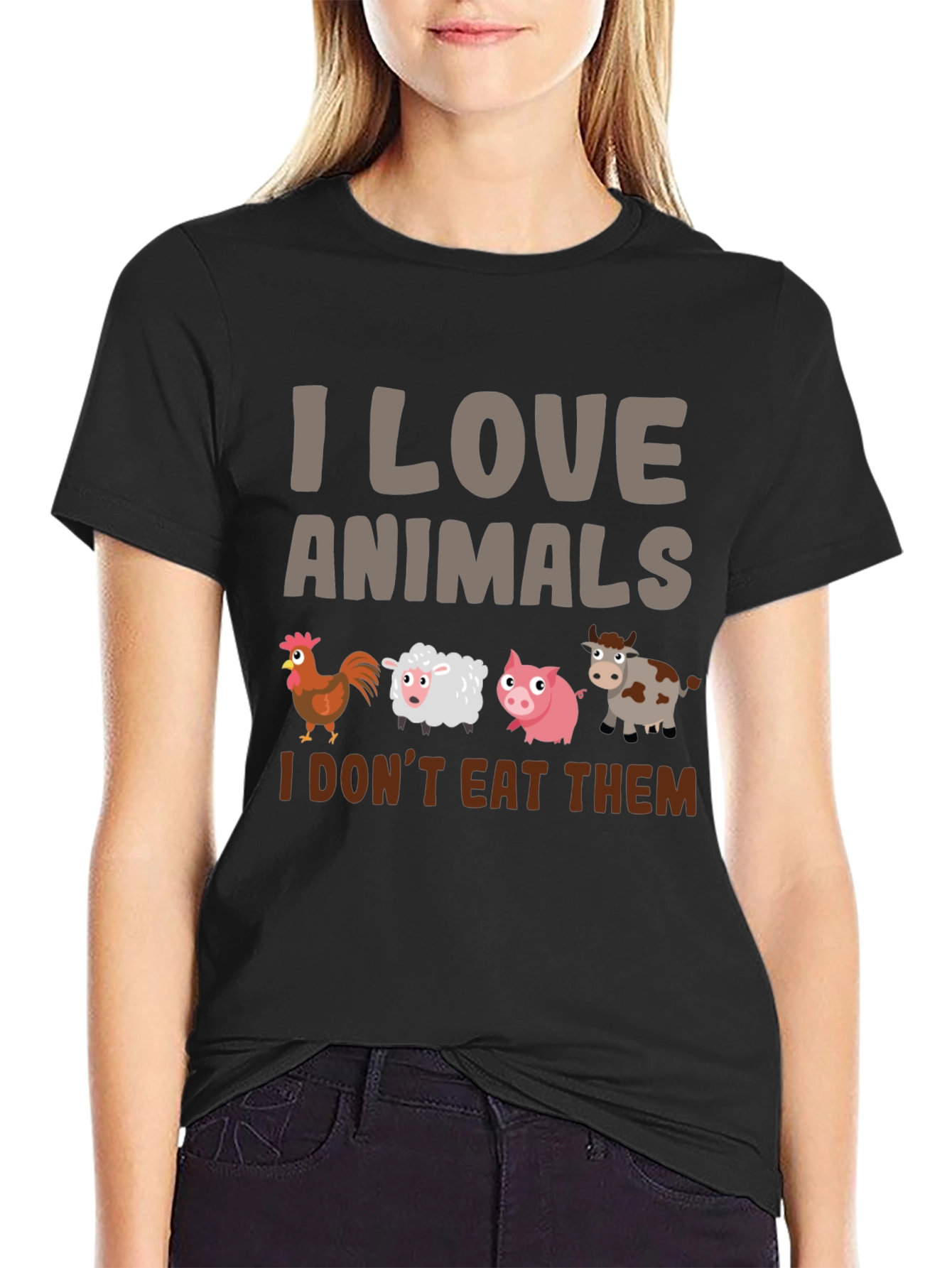 Black I Love Animals T-Shirt - Vegan Statement Tee view 2